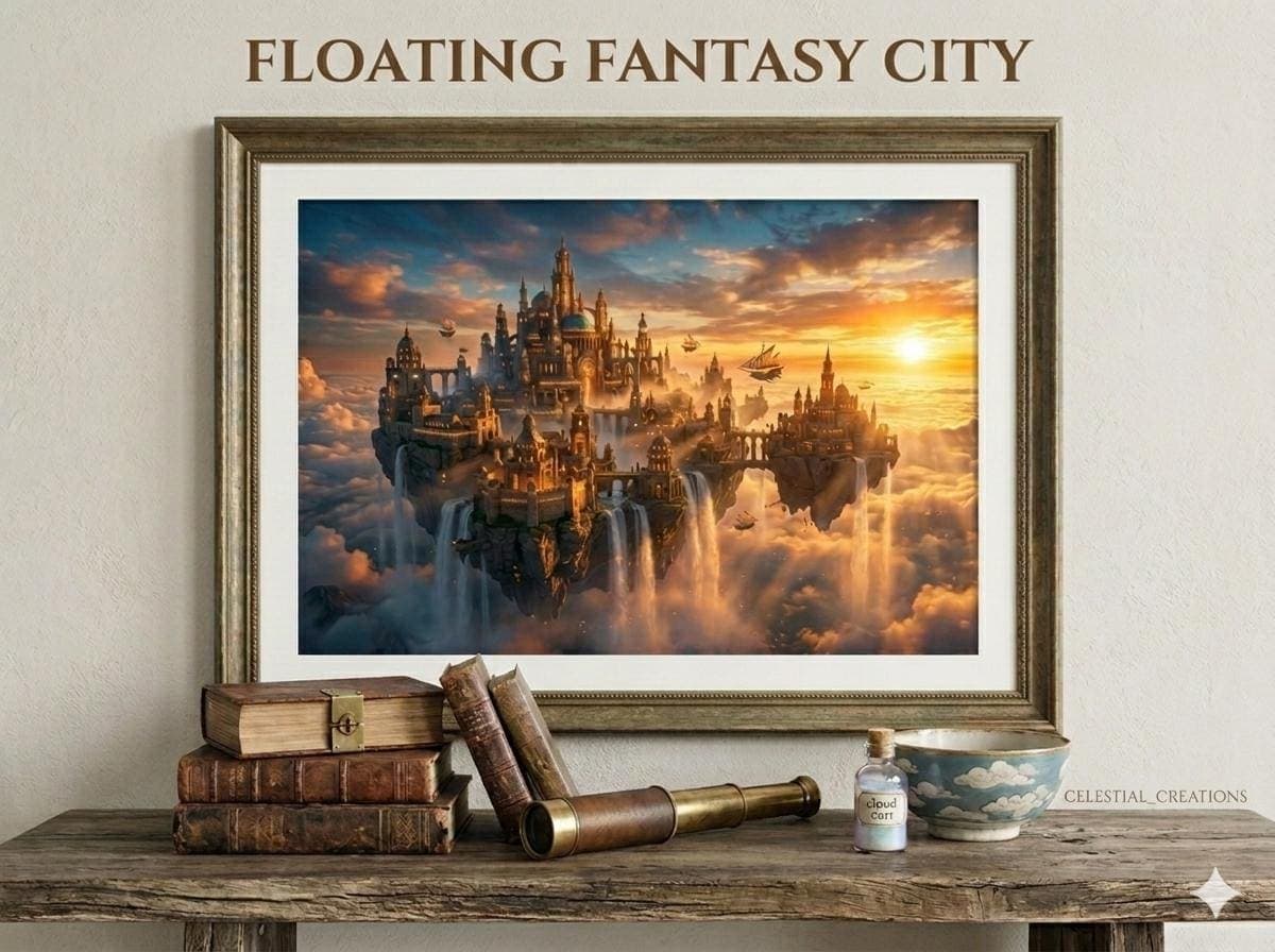 Floating Fantasy City Wall Art Printable | Magical Sky Kingdom Poster