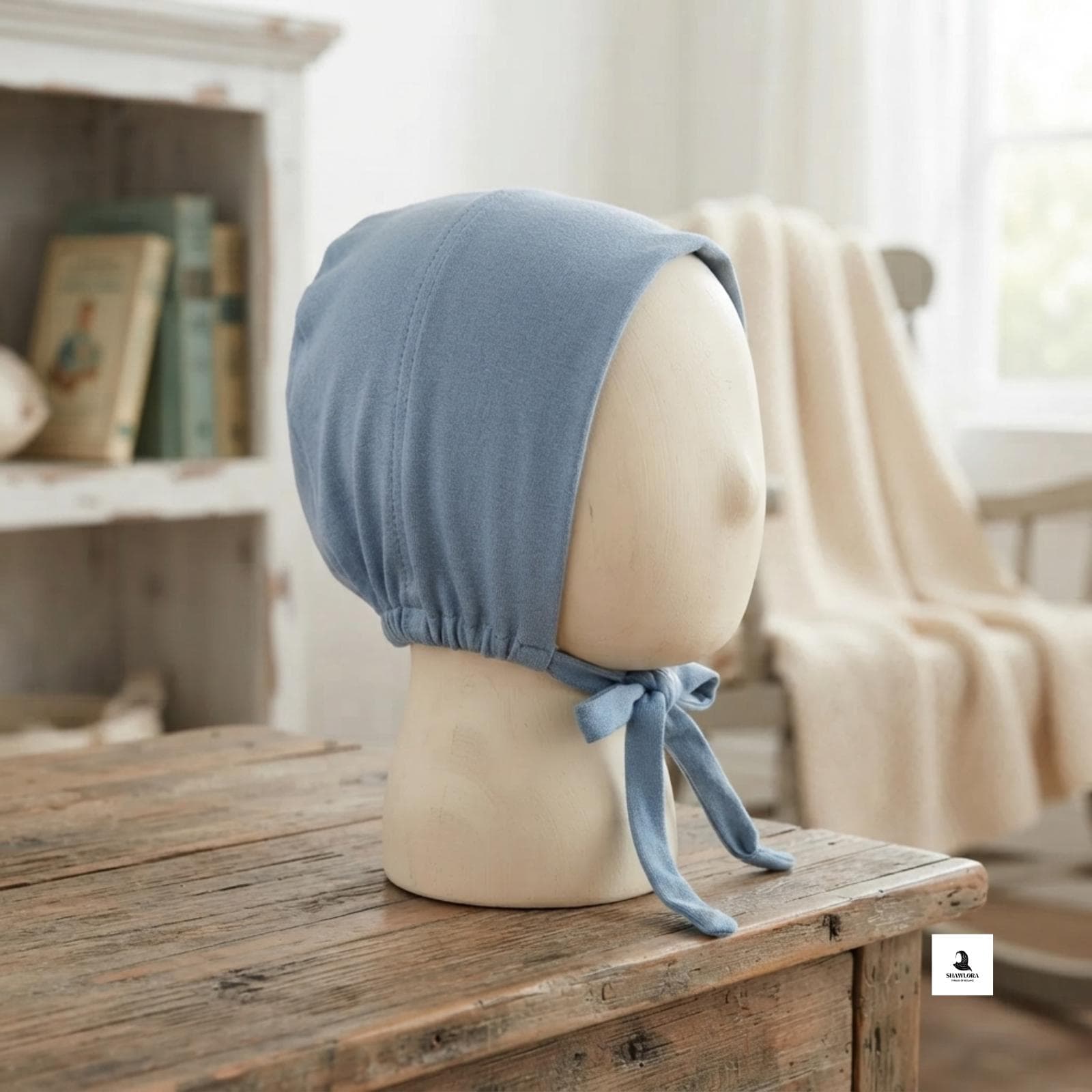 Plain Muslim undercap bonnet showing adjustable tie-back straps.