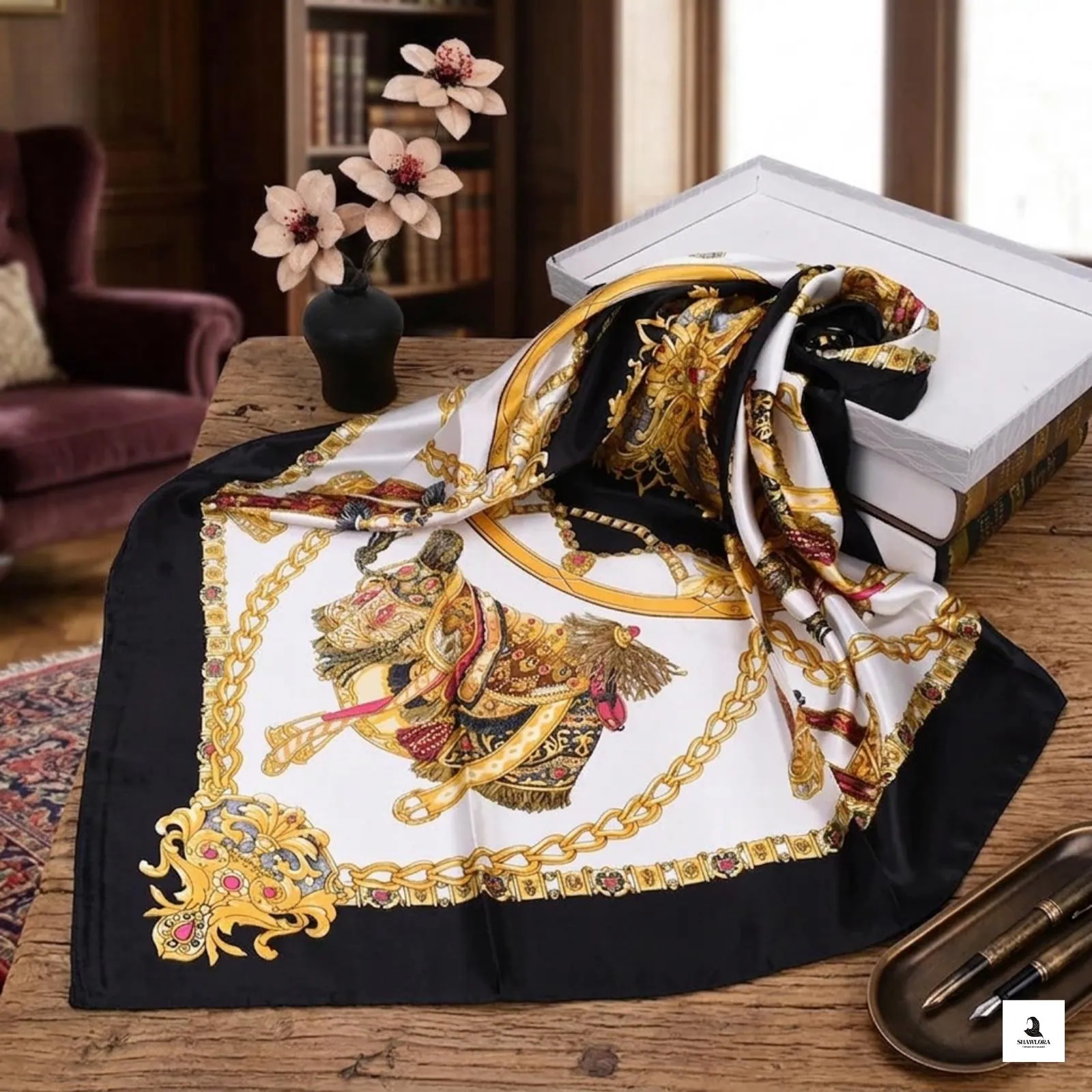 Luxury Satin Scarf 90cm: Elegant Printed Hijab, Shawl, Hair Wrap Bandana