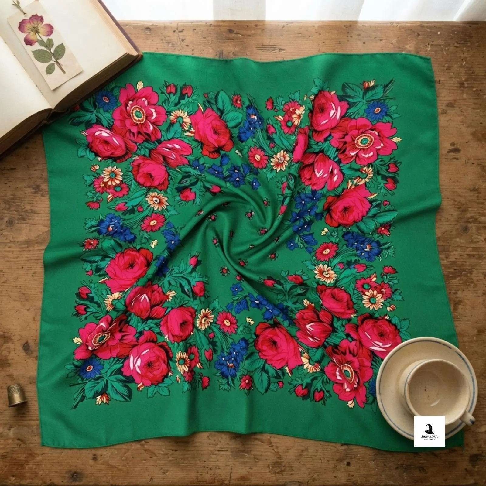 Vintage Inspired Floral Square Scarf, Soft Acrylic Neck Wrap, Cozy Shawl