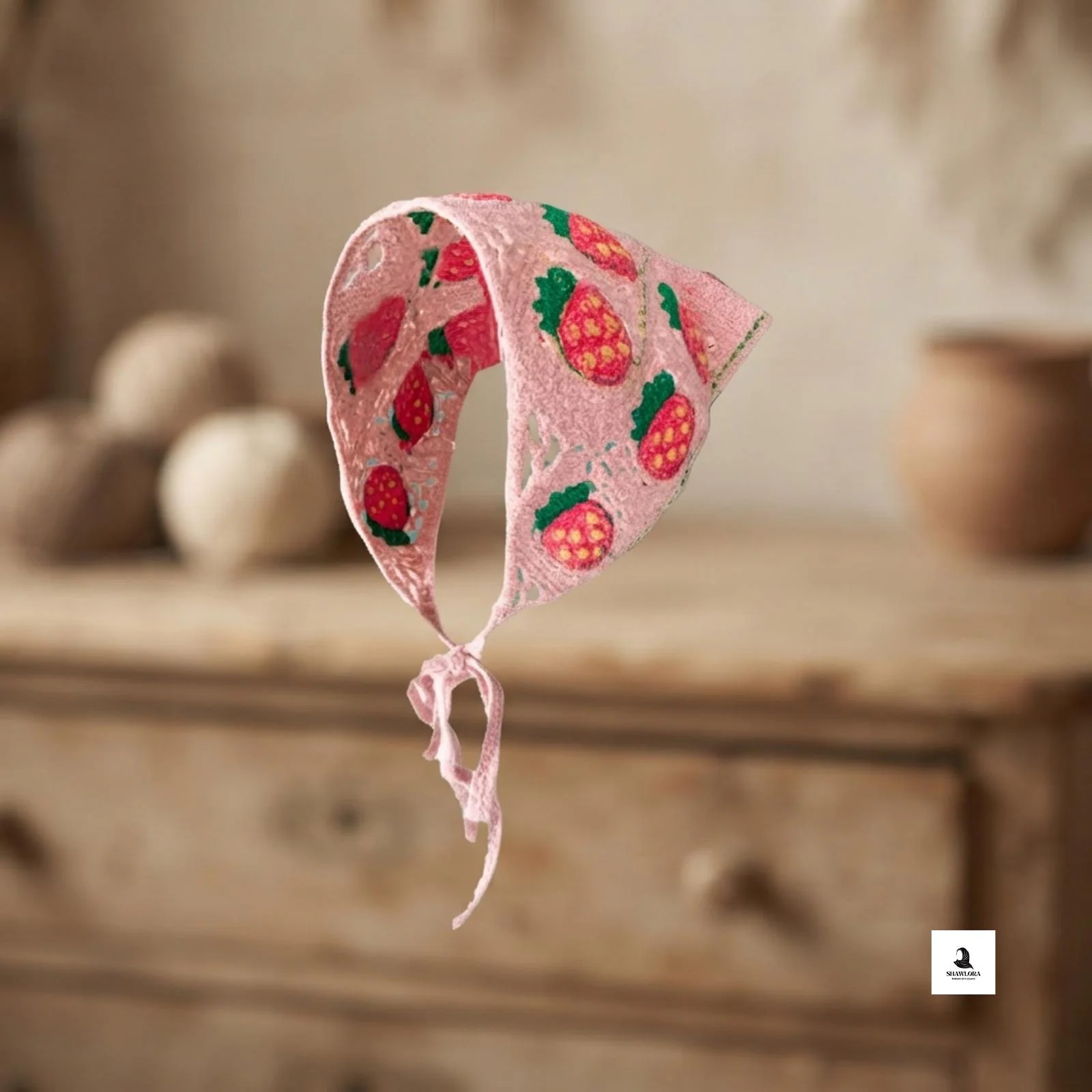 Crochet Strawberry Triangle Headband, French Cottage Knit Hair Scarf