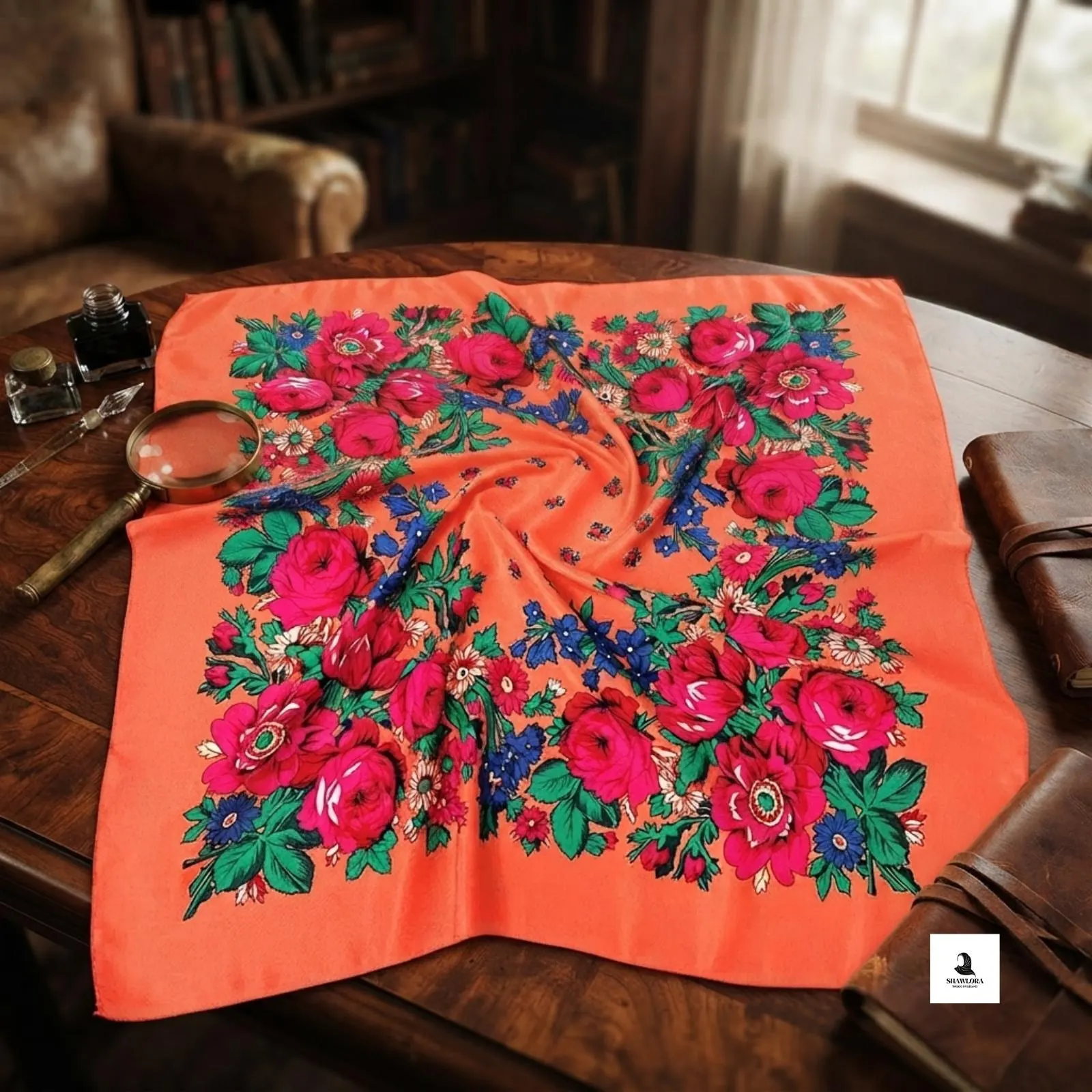 Soft acrylic floral headscarf folded for everyday fashion styling.