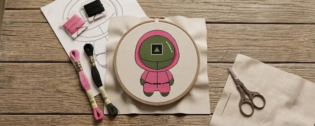 Chibi Pink Guard Square Mask Cross Stitch Pattern, Survival Game Embroidery (PDF Download) - image 2