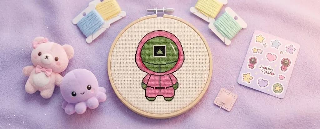 Chibi Pink Guard Square Mask Cross Stitch Pattern, Survival Game Embroidery (PDF Download)