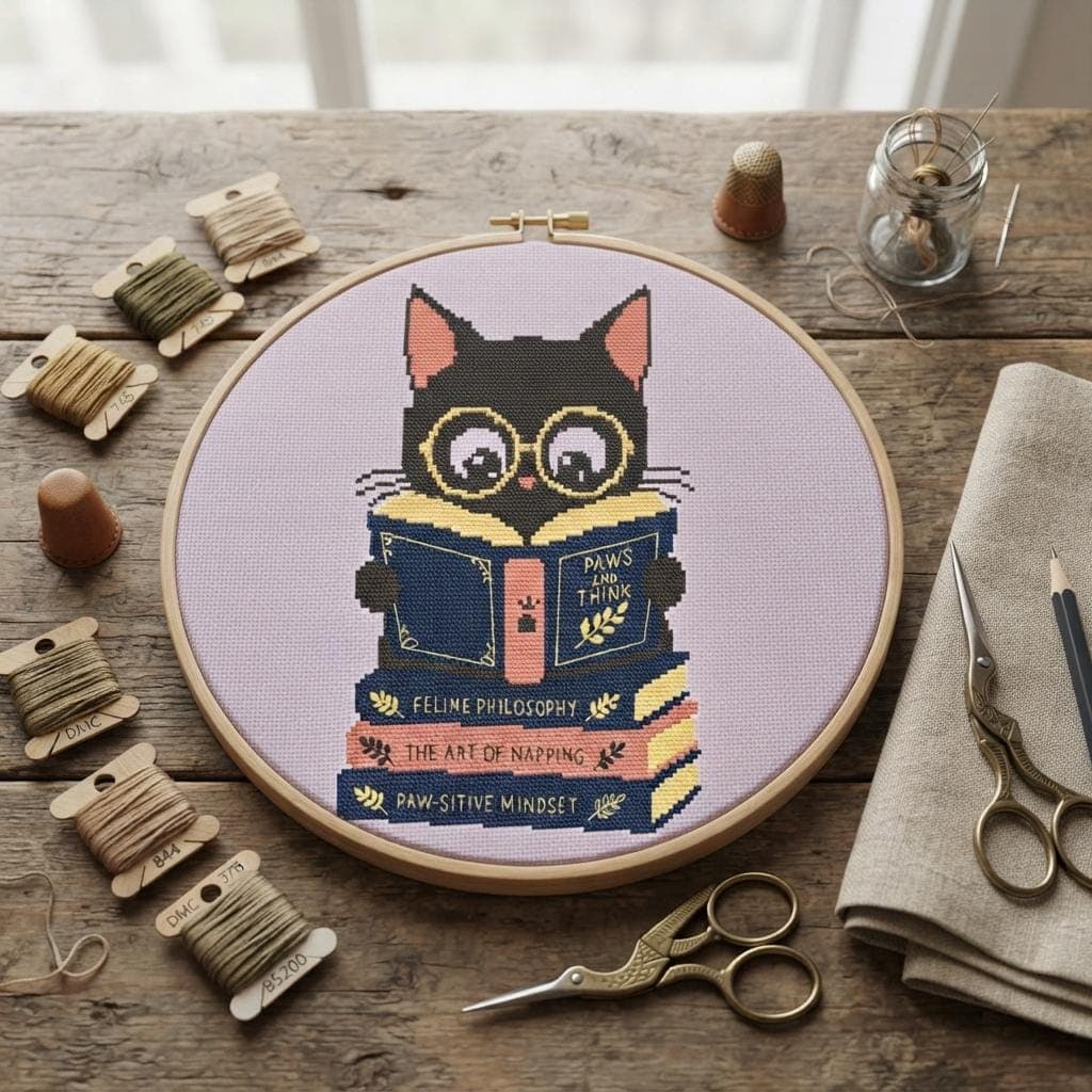 Cat Reading Cross Stitch Pattern, Bookworm Feline Embroidery PDF (120x134 Stitches) - image 3