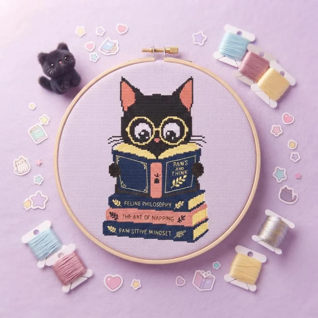 Cat Reading Cross Stitch Pattern, Bookworm Feline Embroidery PDF (120x134 Stitches) - image 2