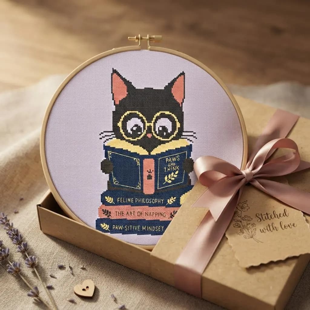 Cat Reading Cross Stitch Pattern, Bookworm Feline Embroidery PDF (120x134 Stitches) - image 5