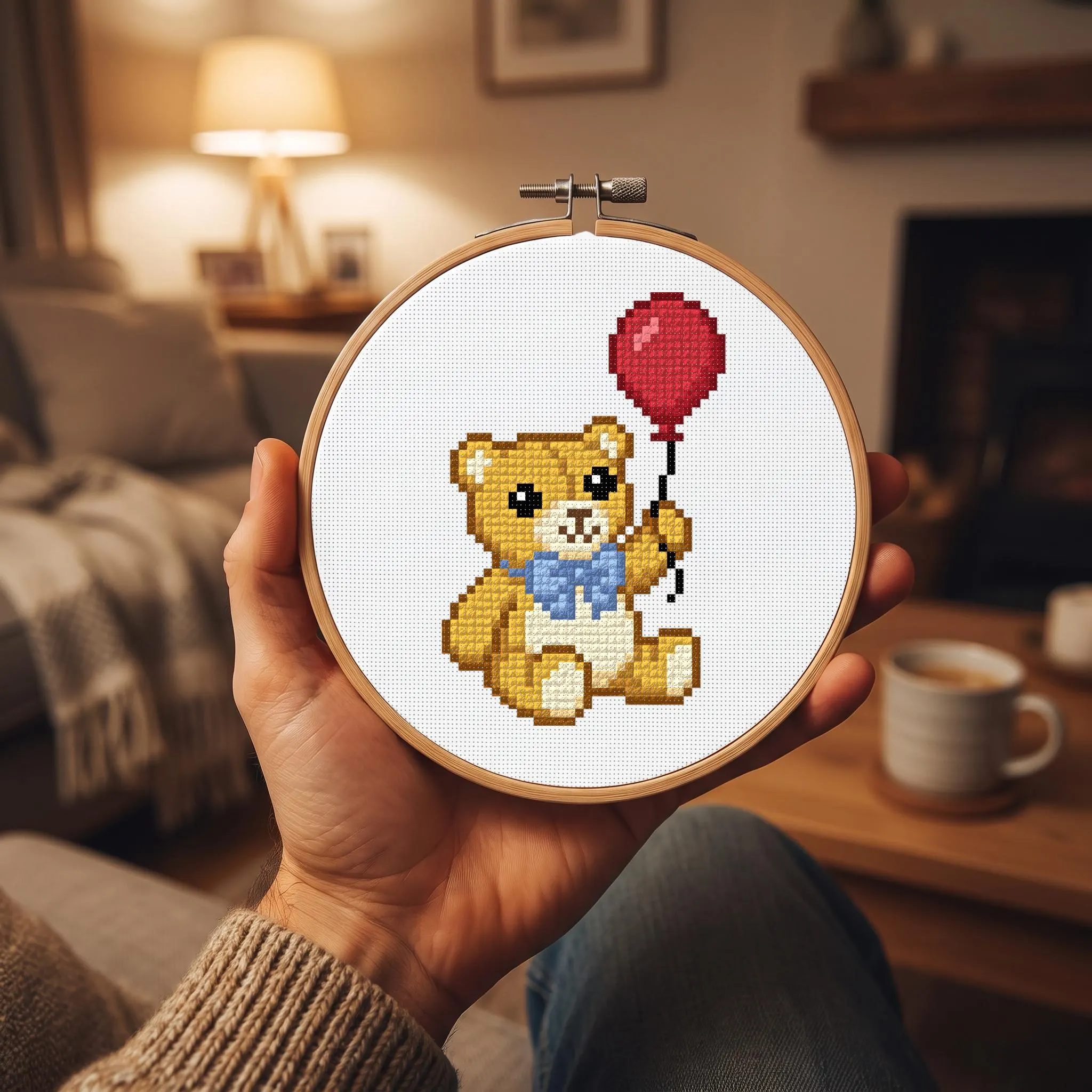 Teddy Bear Cross Stitch Pattern, Balloon Animal Embroidery PDF, Nursery Chart (Digital Download)