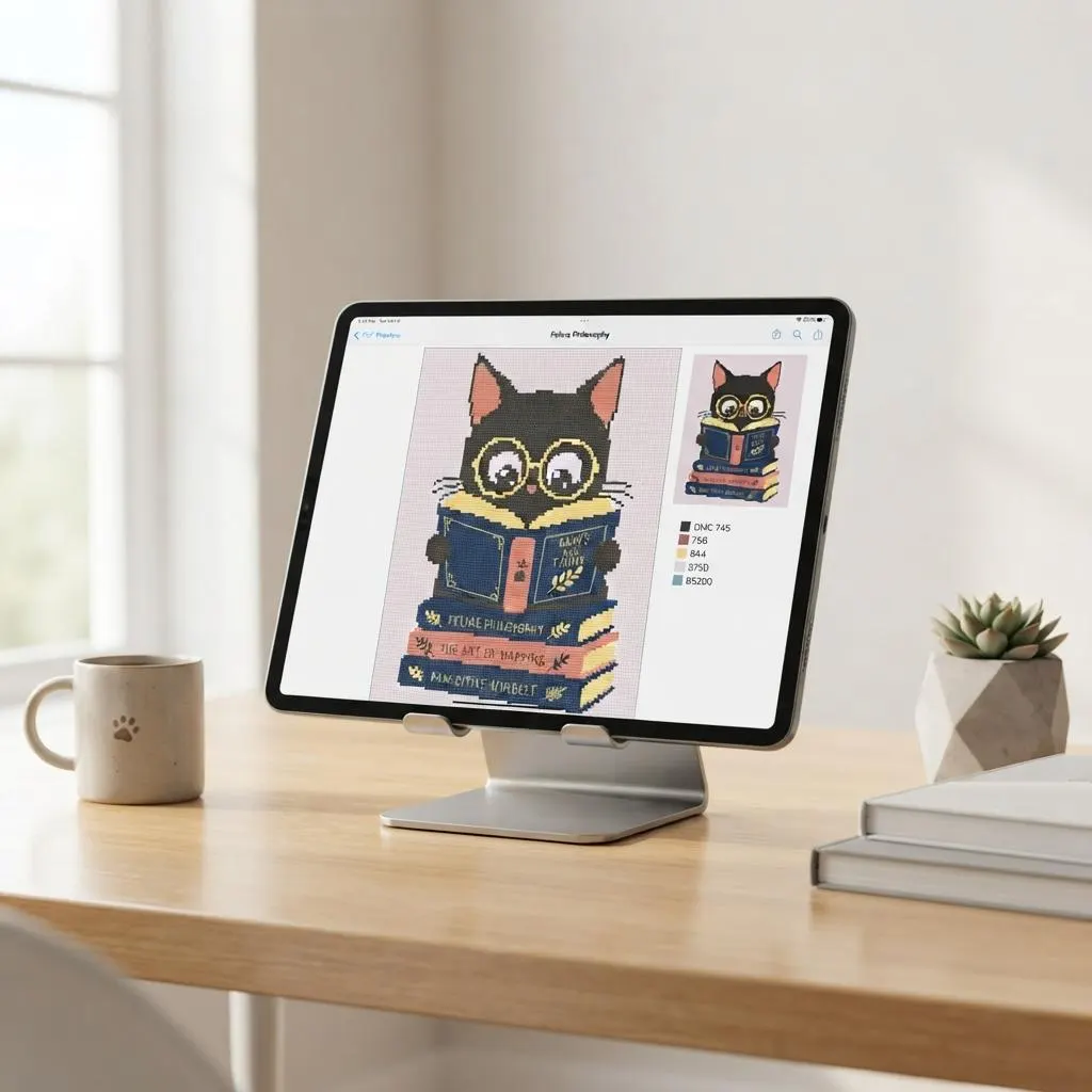 Cat Reading Cross Stitch Pattern, Bookworm Feline Embroidery PDF (120x134 Stitches) - image 4