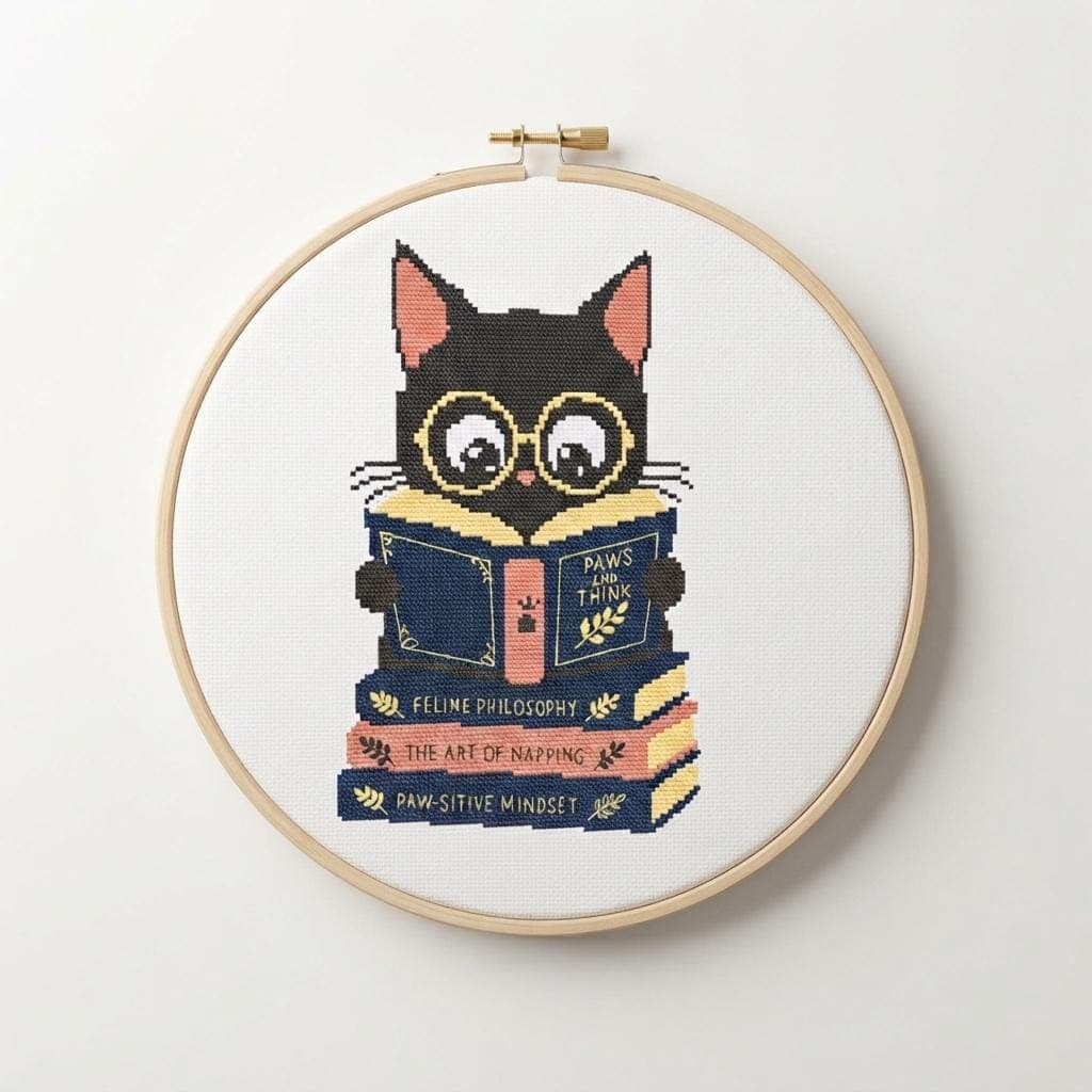 Cat Reading Cross Stitch Pattern, Bookworm Feline Embroidery PDF (120x134 Stitches)