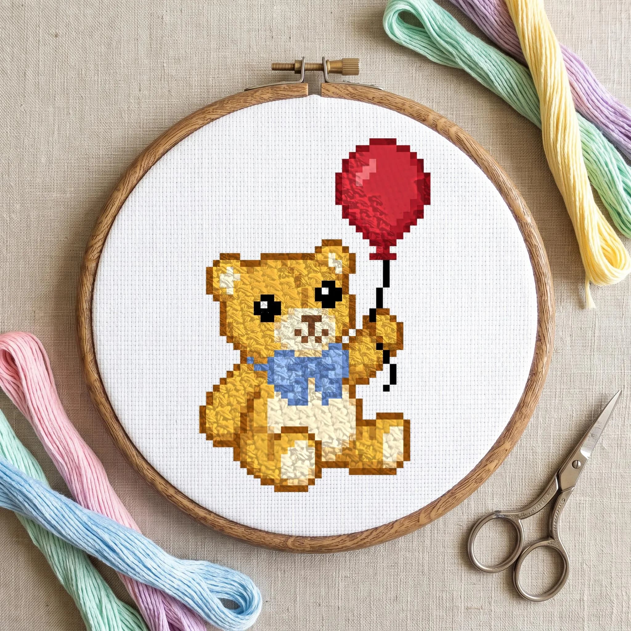 Teddy Bear Cross Stitch Pattern, Balloon Animal Embroidery PDF, Nursery Chart (Digital Download) - image 2
