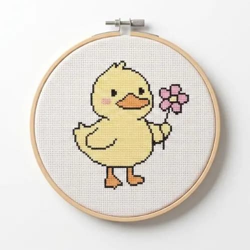 Duckling Flower Cross Stitch Pattern, Kawaii Animal Nursery Embroidery PDF