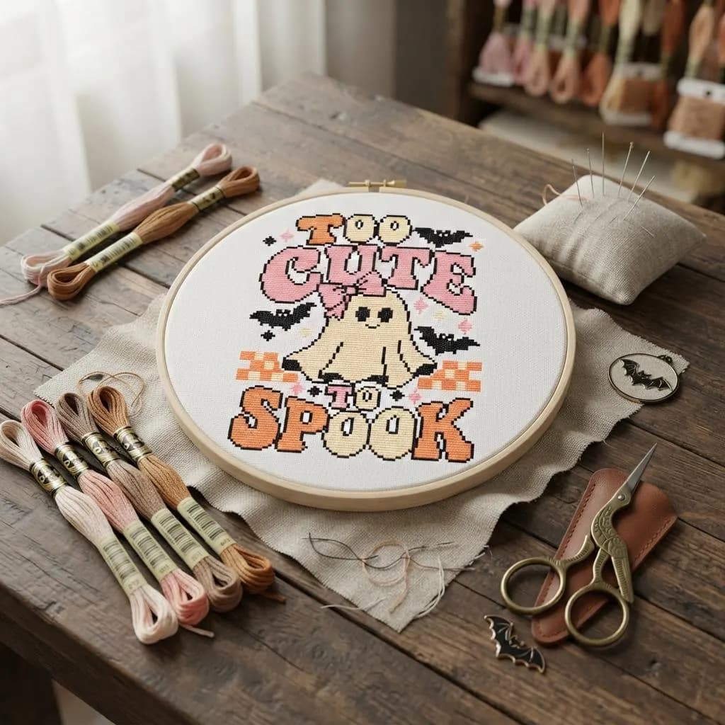 Retro Ghost Cross Stitch Pattern, Pastel Halloween Embroidery (PDF Download) - image 2