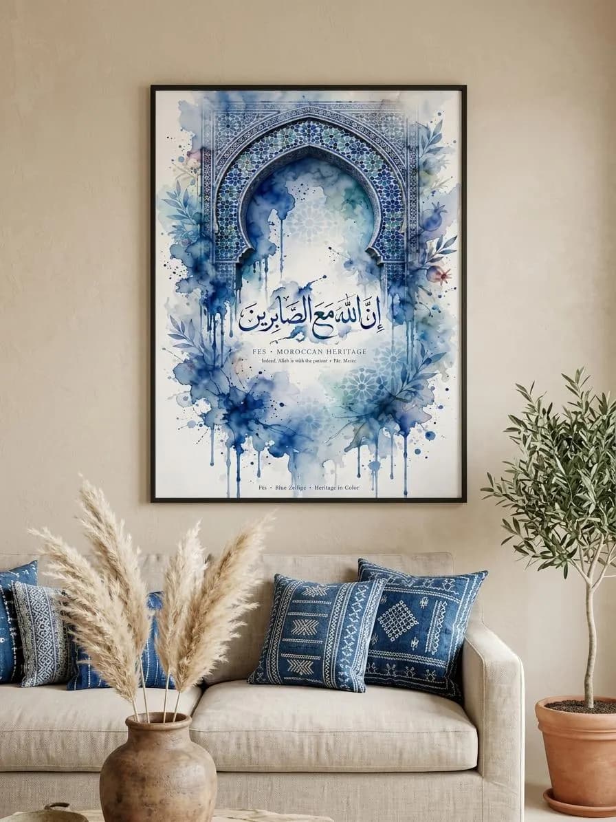 Fes Blue Zellige Watercolor Poster - Allah is with the Patient - Moroccan Art