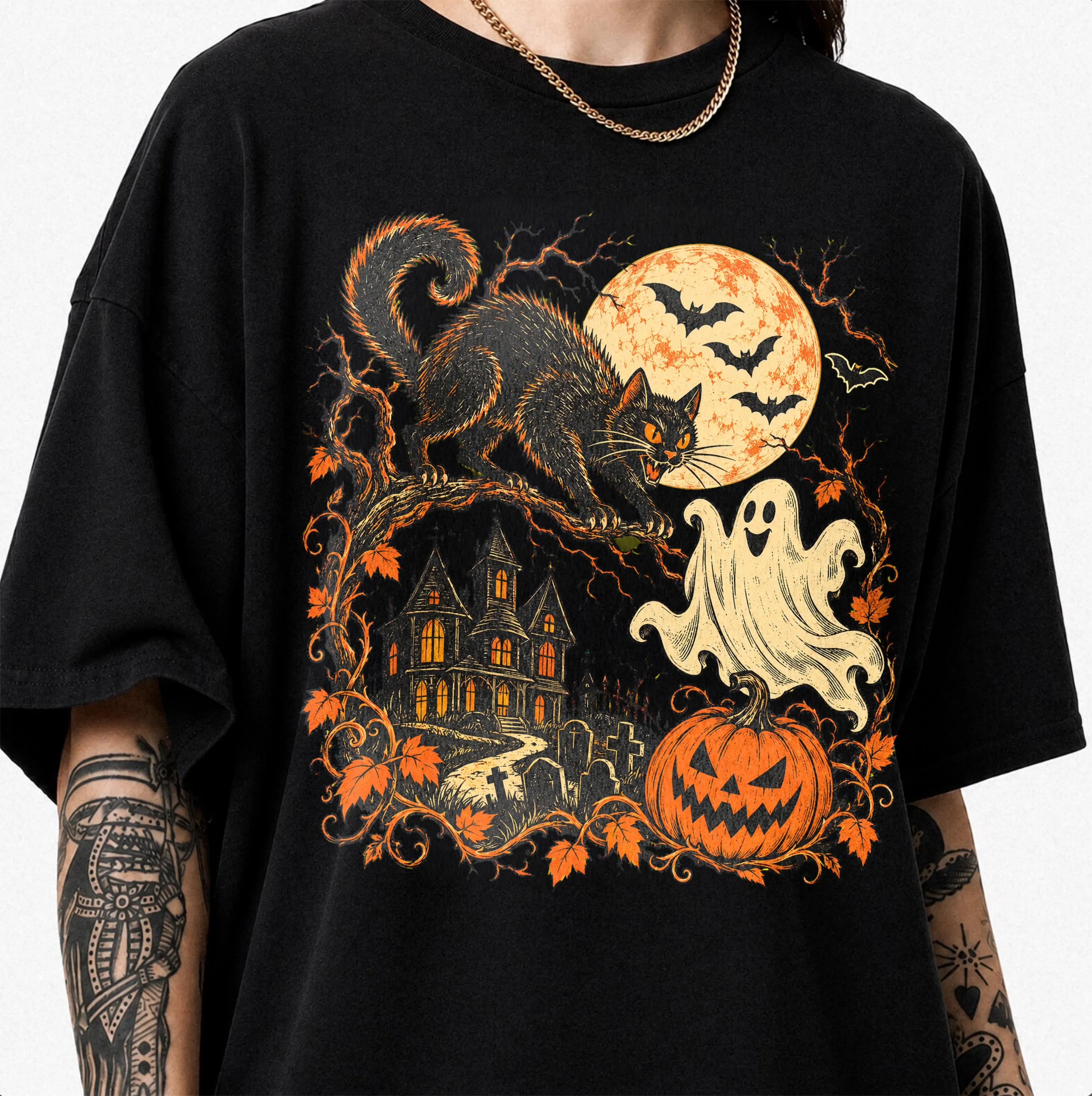 Retro Halloween Shirt, Y2K Tee, Vintage Black Cat Ghost TShirt, Haunted House Shirt, Spooky Cute Pumpkin Tee, Retro Horror Tee - image 4