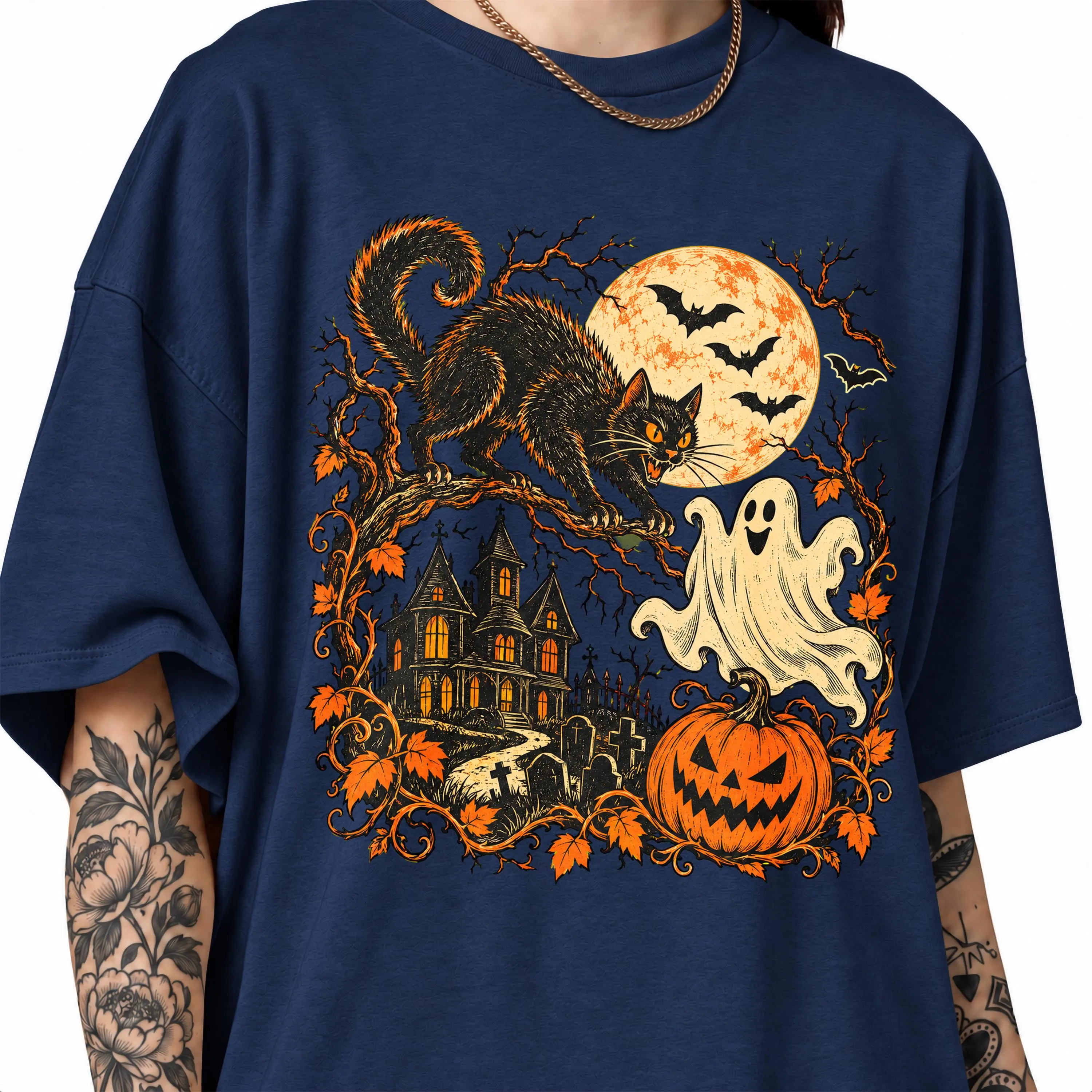 Retro Halloween Shirt, Y2K Tee, Vintage Black Cat Ghost TShirt, Haunted House Shirt, Spooky Cute Pumpkin Tee, Retro Horror Tee - image 3