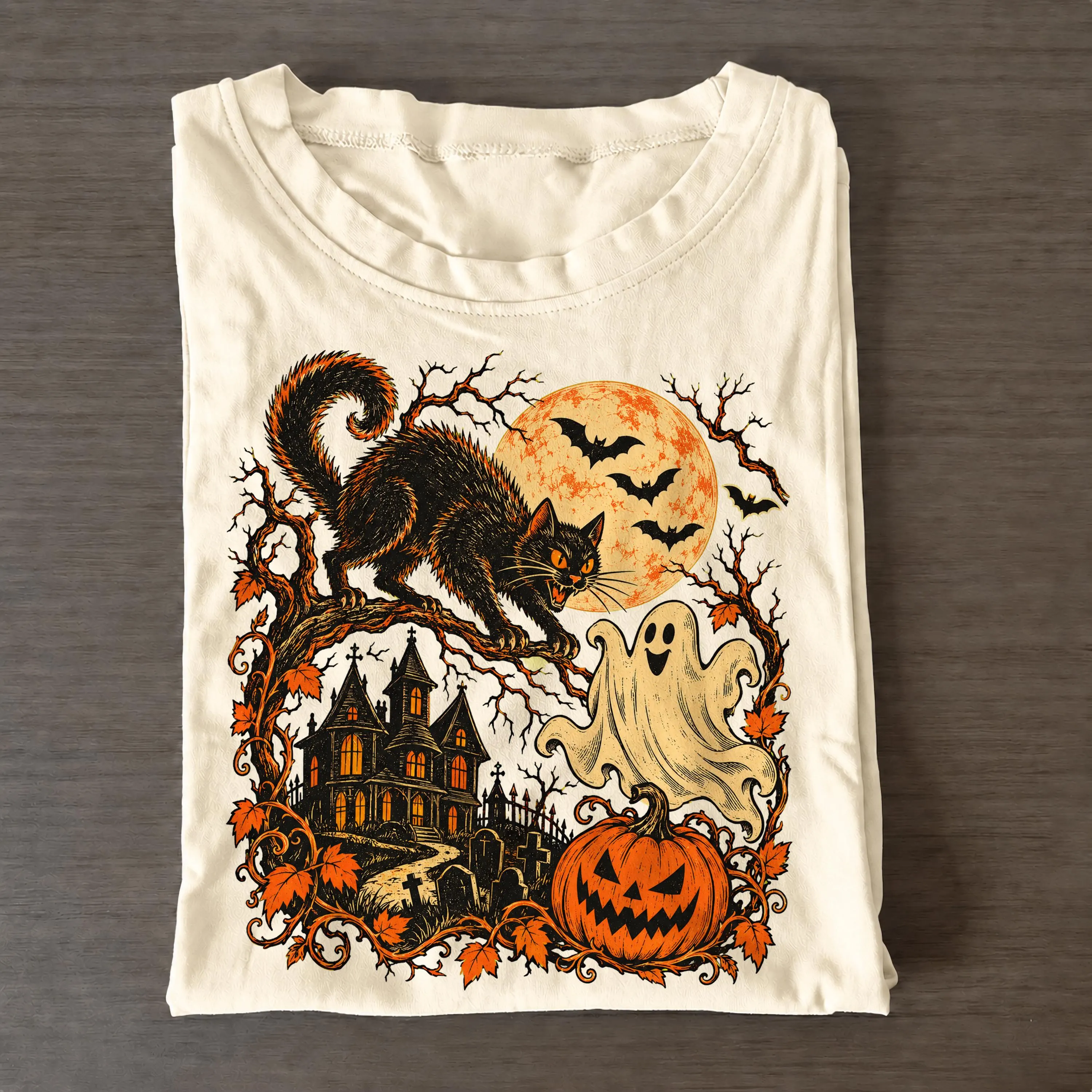 Retro Halloween Shirt, Y2K Tee, Vintage Black Cat Ghost TShirt, Haunted House Shirt, Spooky Cute Pumpkin Tee, Retro Horror Tee