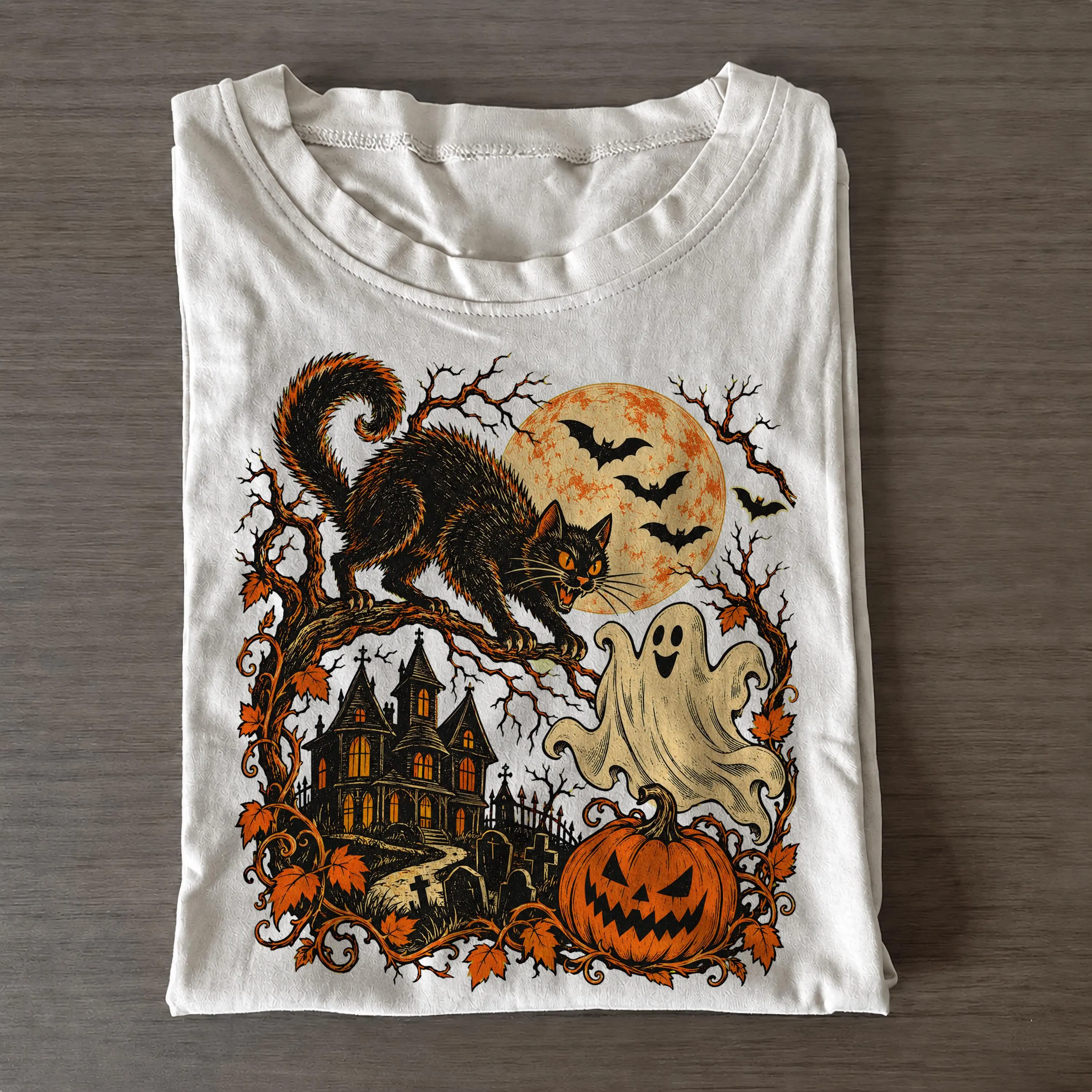 Retro Halloween Shirt, Y2K Tee, Vintage Black Cat Ghost TShirt, Haunted House Shirt, Spooky Cute Pumpkin Tee, Retro Horror Tee - image 5