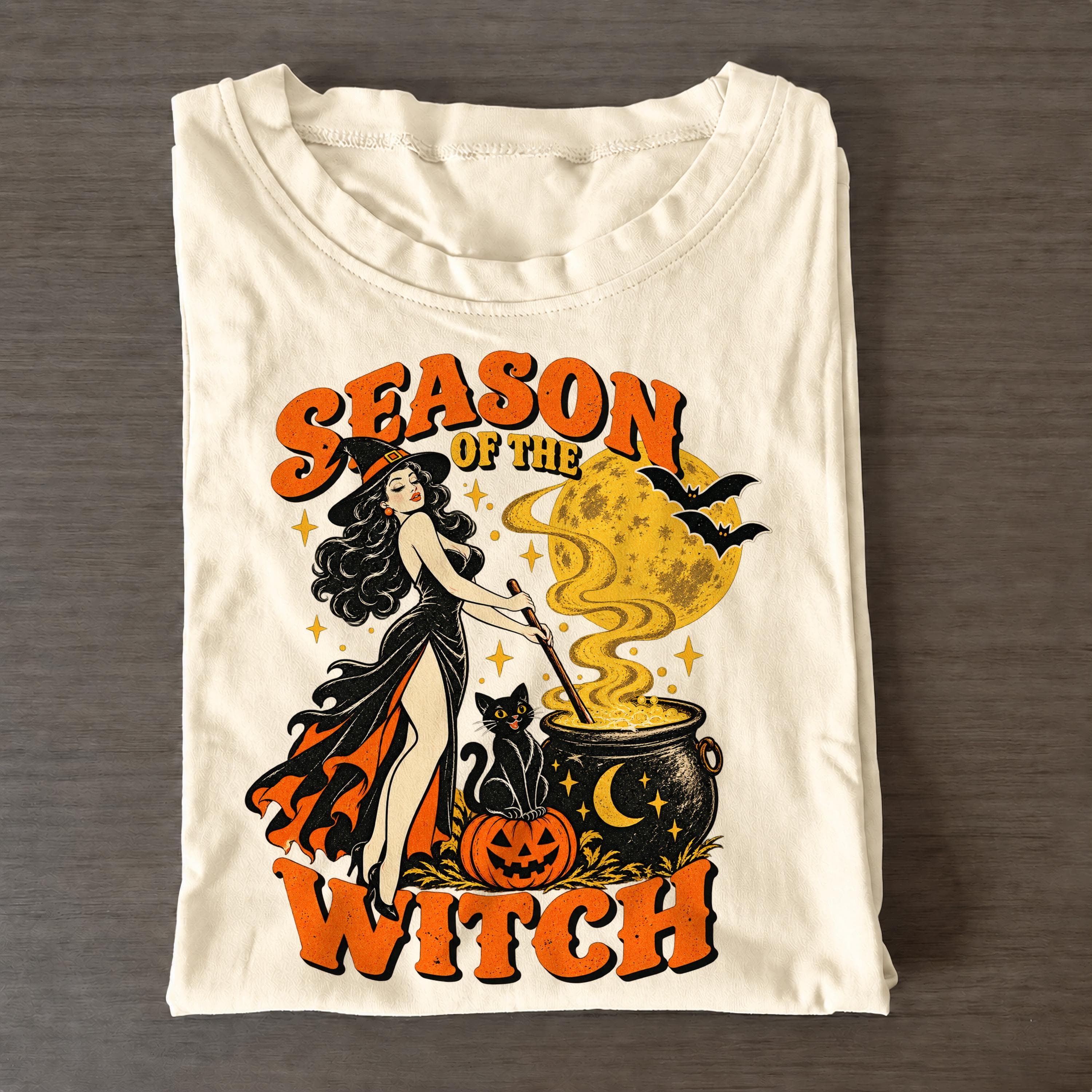 Season Of The Witch Shirt, Pin Up Witch with Cauldron, Black Cat Vintage Halloween Sweatshirt, Spooky Season Gift