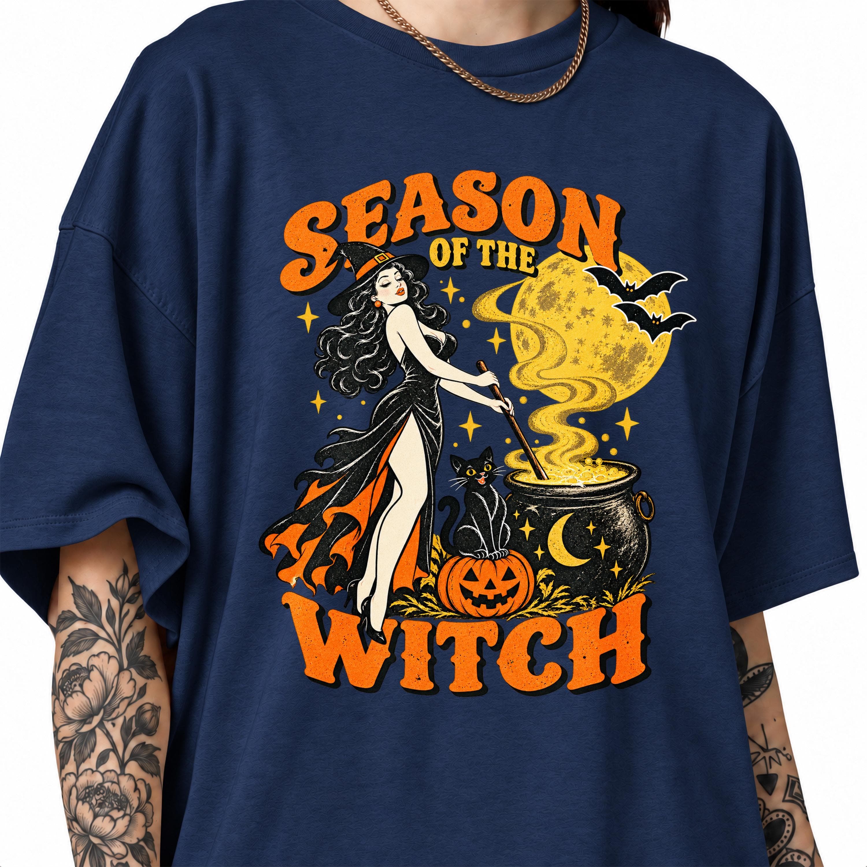 Season Of The Witch Shirt, Pin Up Witch with Cauldron, Black Cat Vintage Halloween Sweatshirt, Spooky Season Gift - image 5