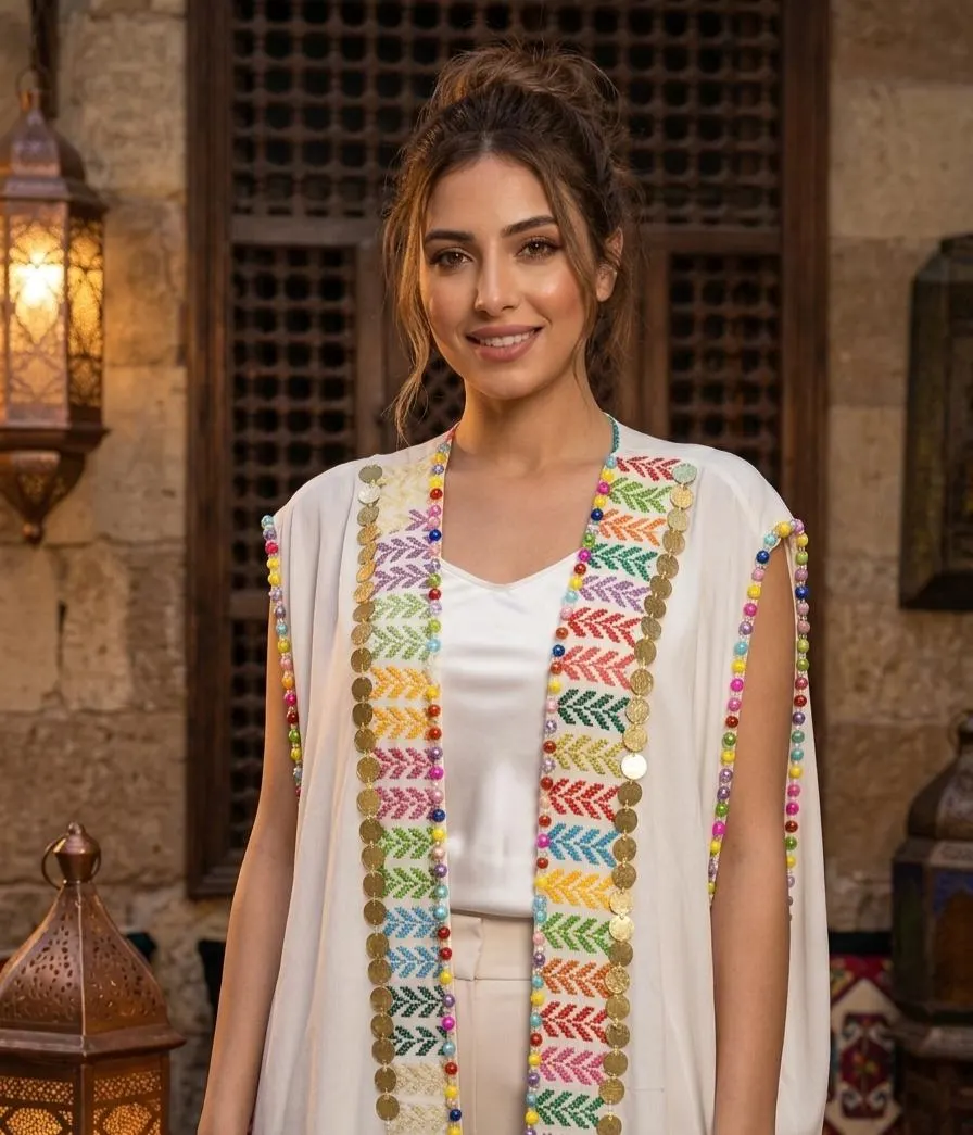 Handmade Sinai Embroidered Cotton Cardigan | Egyptian Bedouin Kaftan | Boho Kimono | Hand Embroidery with Coin Beads | Artisan Festival Robe
