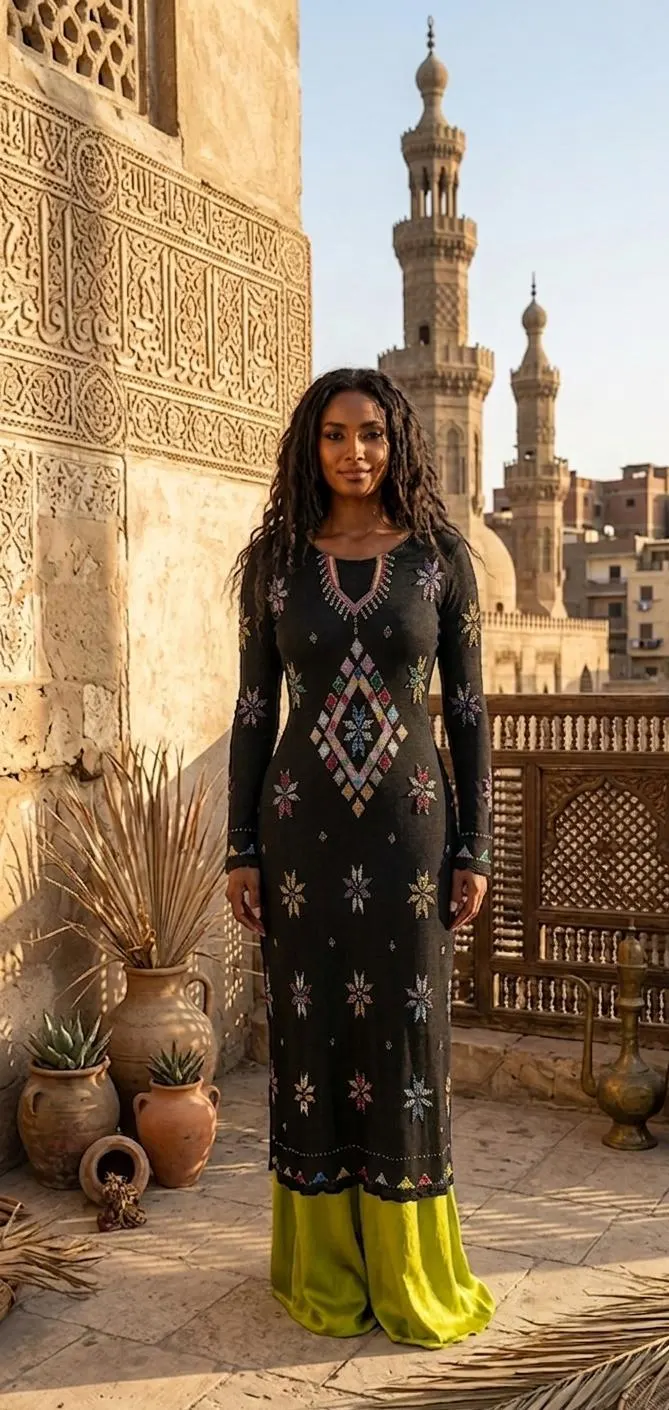 Assiut Tulle Dress | Handmade Multicolored Talli Embroidery, Bohemian Style