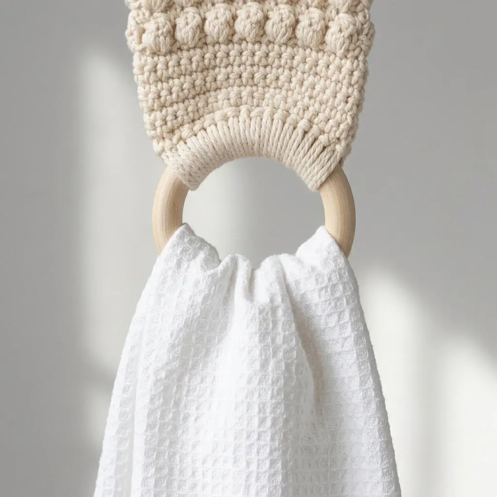 Crocheted Cotton Kitchen Towel Holder with Wooden Rings, Textured Hanging Towel Hanger - image 4