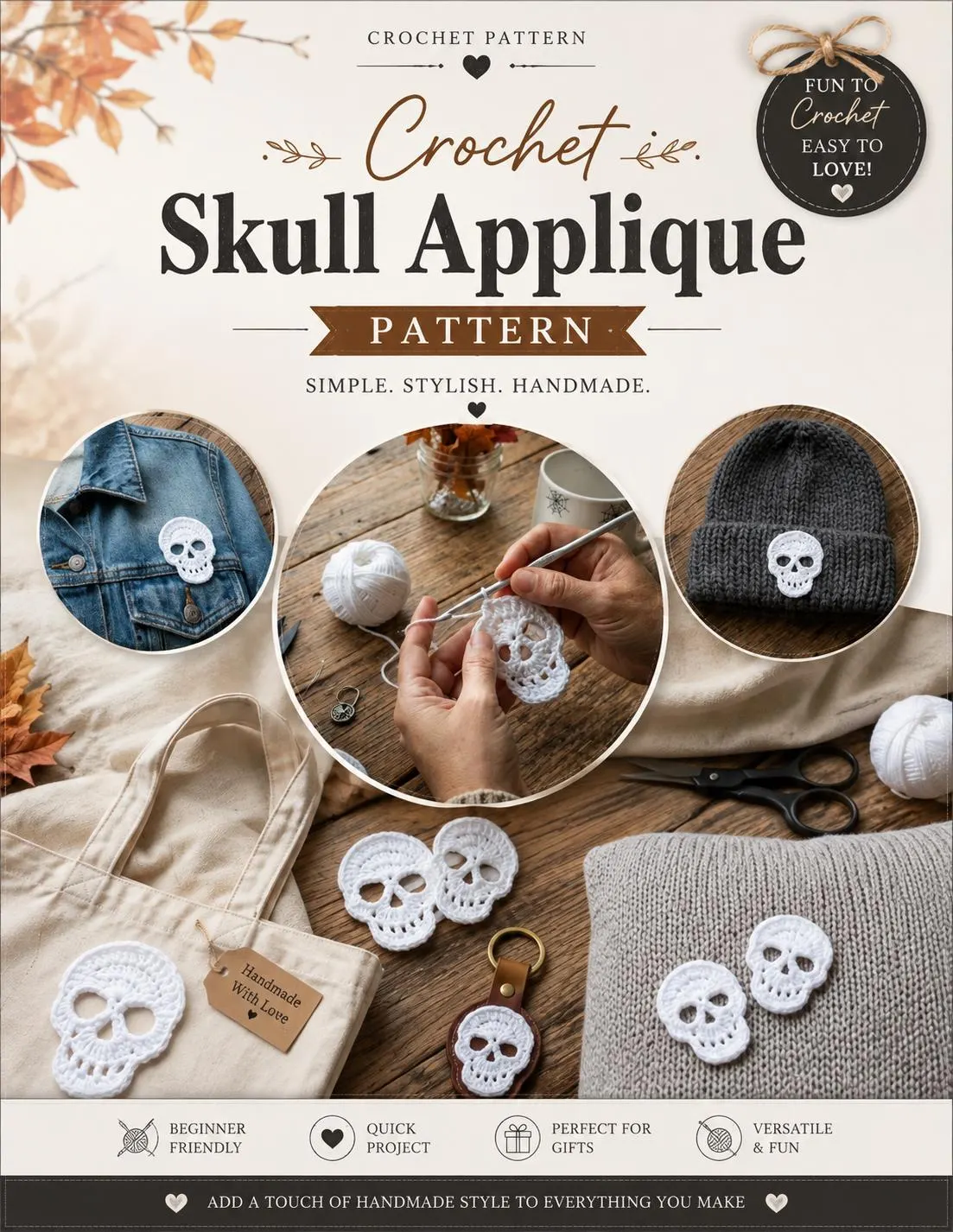 Halloween Skull Applique, Crochet Skull Applique, Halloween Skull Crochet, Crochet Halloween Motif, Halloween Crochet Pattern PDF - image 3