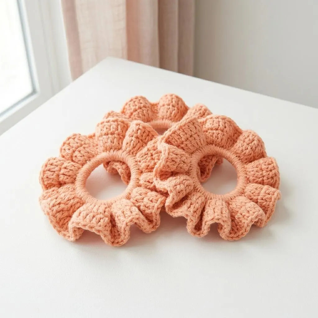 Handmade Ruffle Crochet Scrunchie, Soft Hair Tie Accessory, Beginner Friendly Design