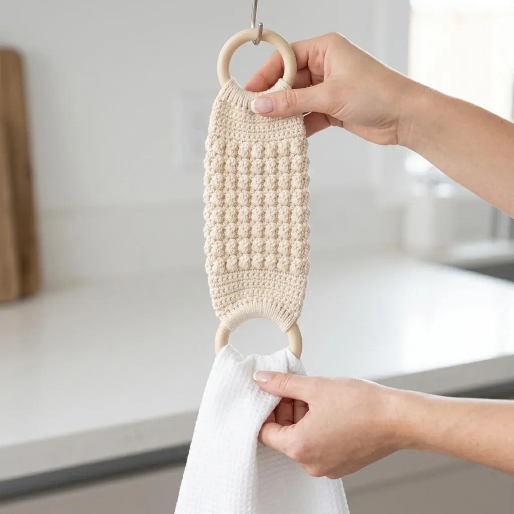 Crocheted Cotton Kitchen Towel Holder with Wooden Rings, Textured Hanging Towel Hanger