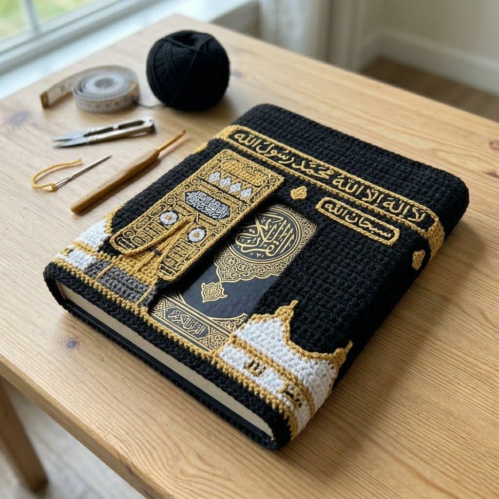 Crochet Quran Cover Pattern, Islamic Holy Book Sleeve, Textured Gold Accents (PDF Pattern)