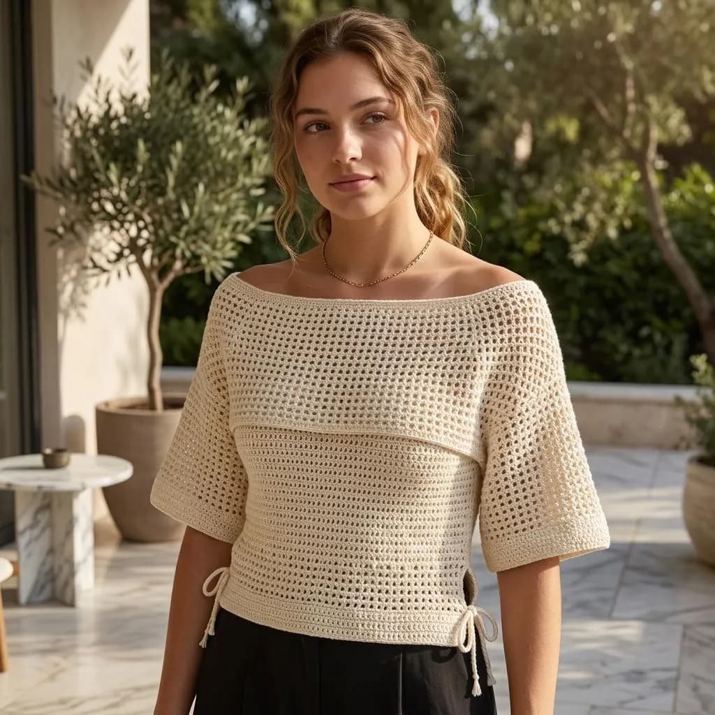 Crochet Mesh Festival Top Sweater, Crochet Mesh Off Shoulder Tie Side Top Pattern, Beginner, Boho Lightweight Crochet Mesh Pullover Top