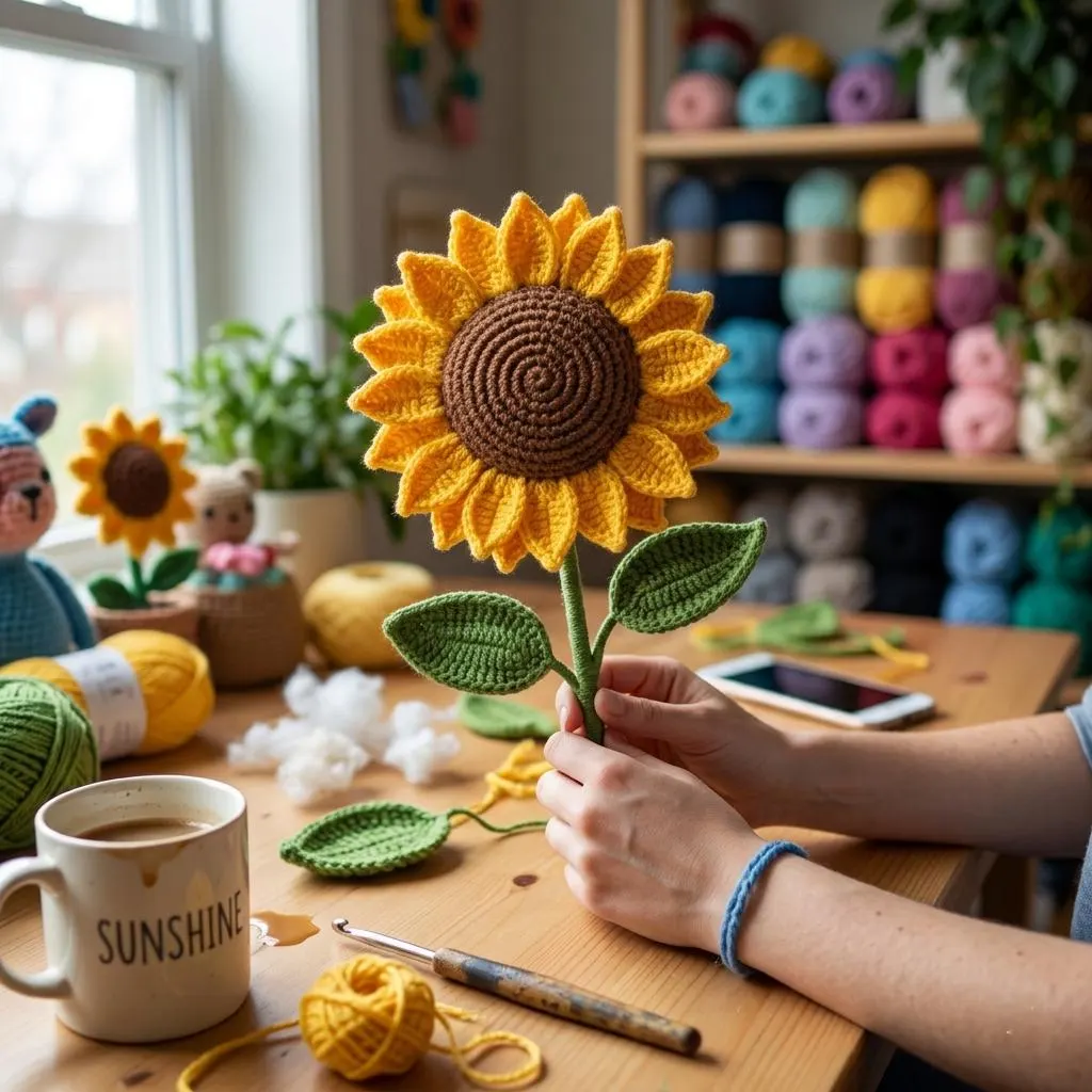 Sunflower Stem Pattern, Crochet Sunflower Single Flower Pattern,  Crochet Sunflower for Vase, Table Decor Flower, Mother’s Day Crochet Gift