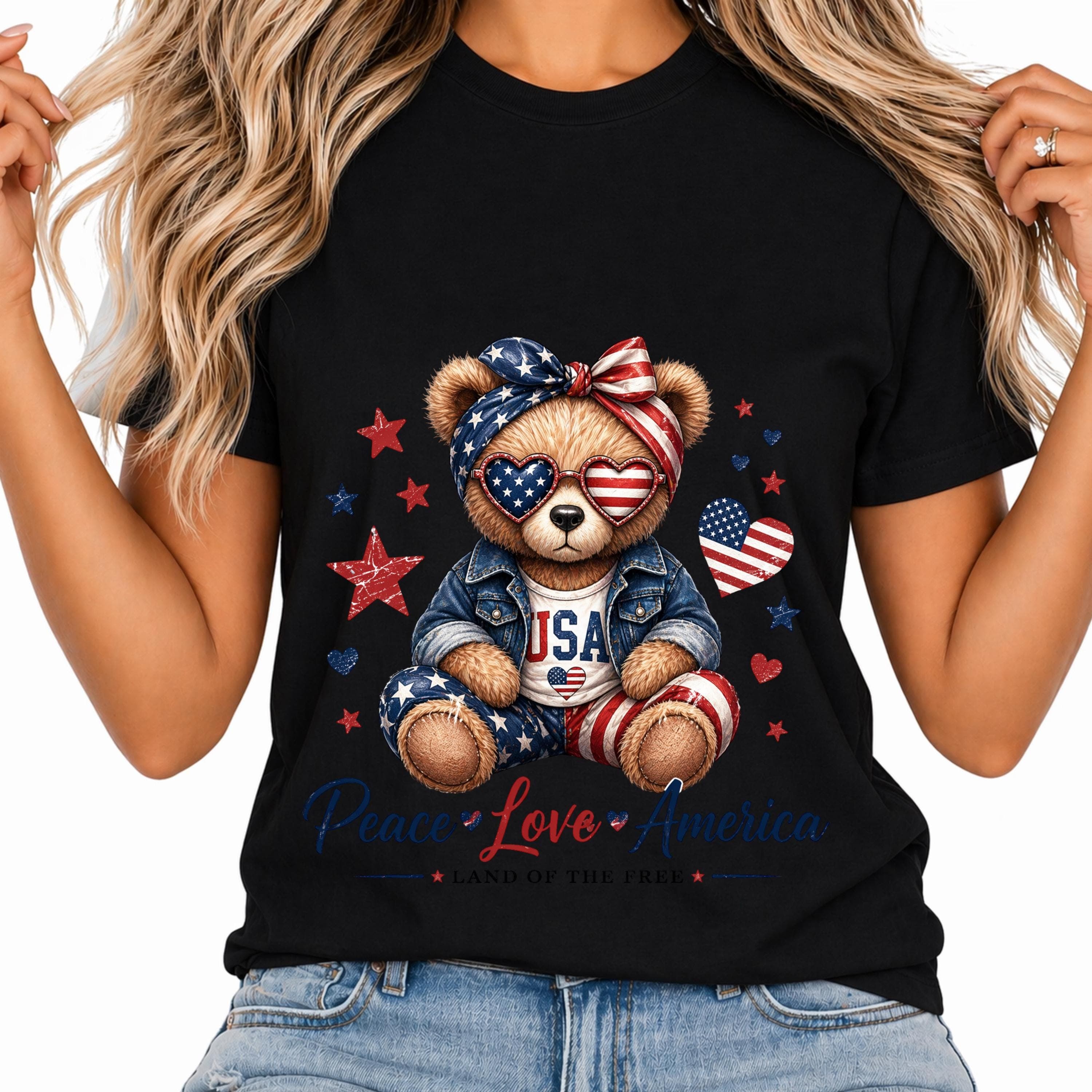 Patriotic Teddy Bear USA PNG, Peace Love America Shirt Design (Digital Download) - image 5