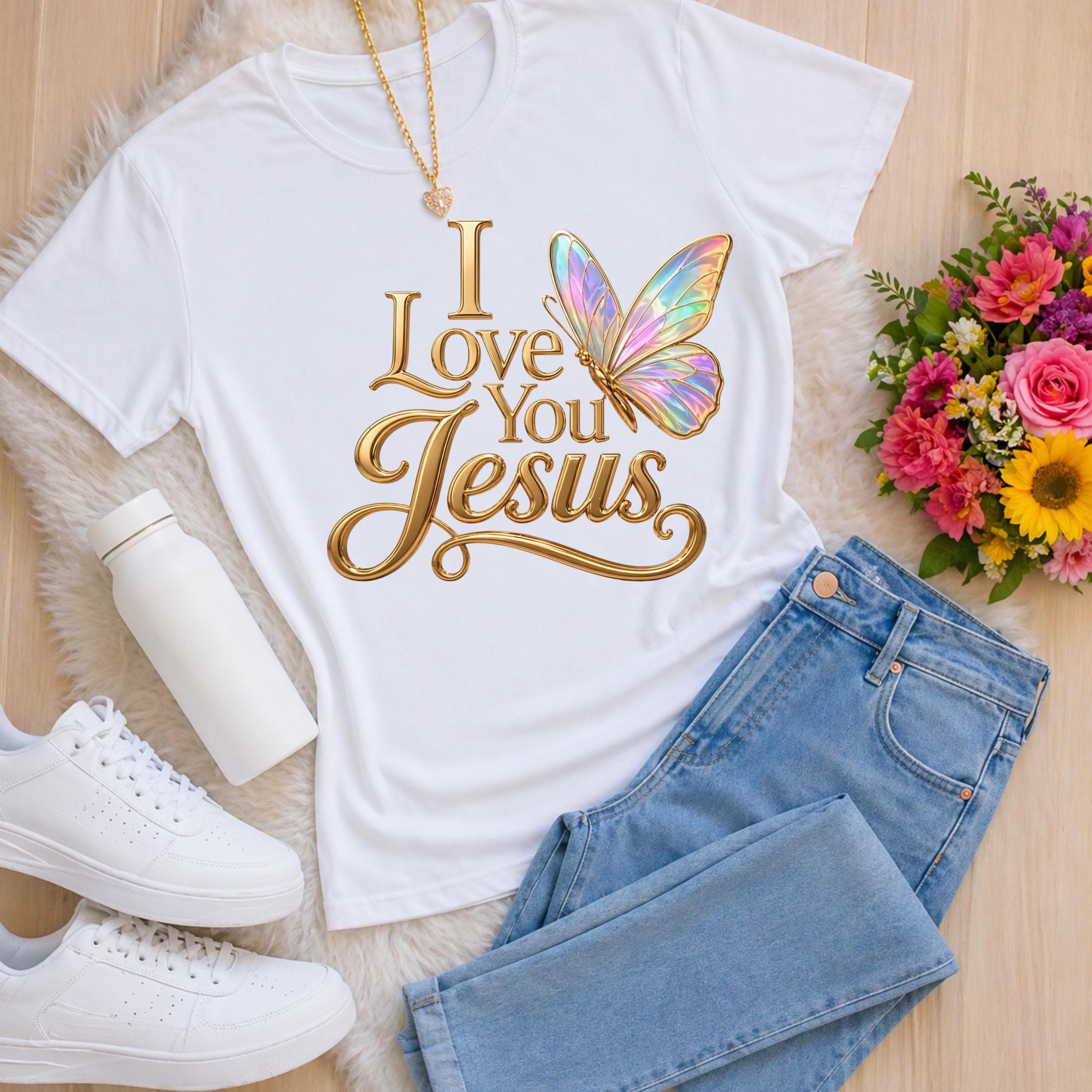 Design I Love You Jesus PNG – Gold 3D Lettering, Iridescent Butterfly (Digital Download) holographic - image 2