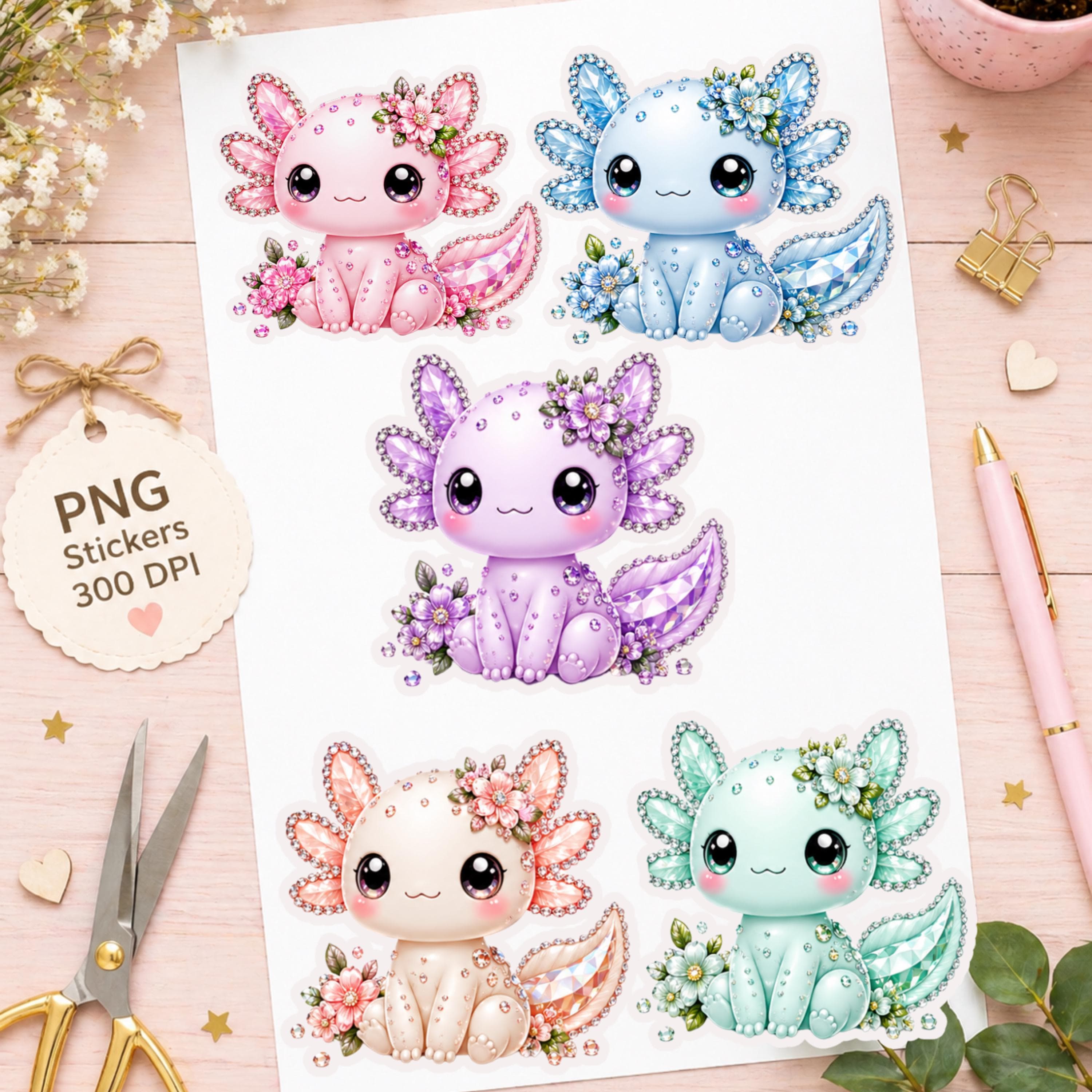 Diamond Axolotl floral Stickers Bundle | Pastel Kawaii Clipart | PNG Sublimation axolotl printable - image 3