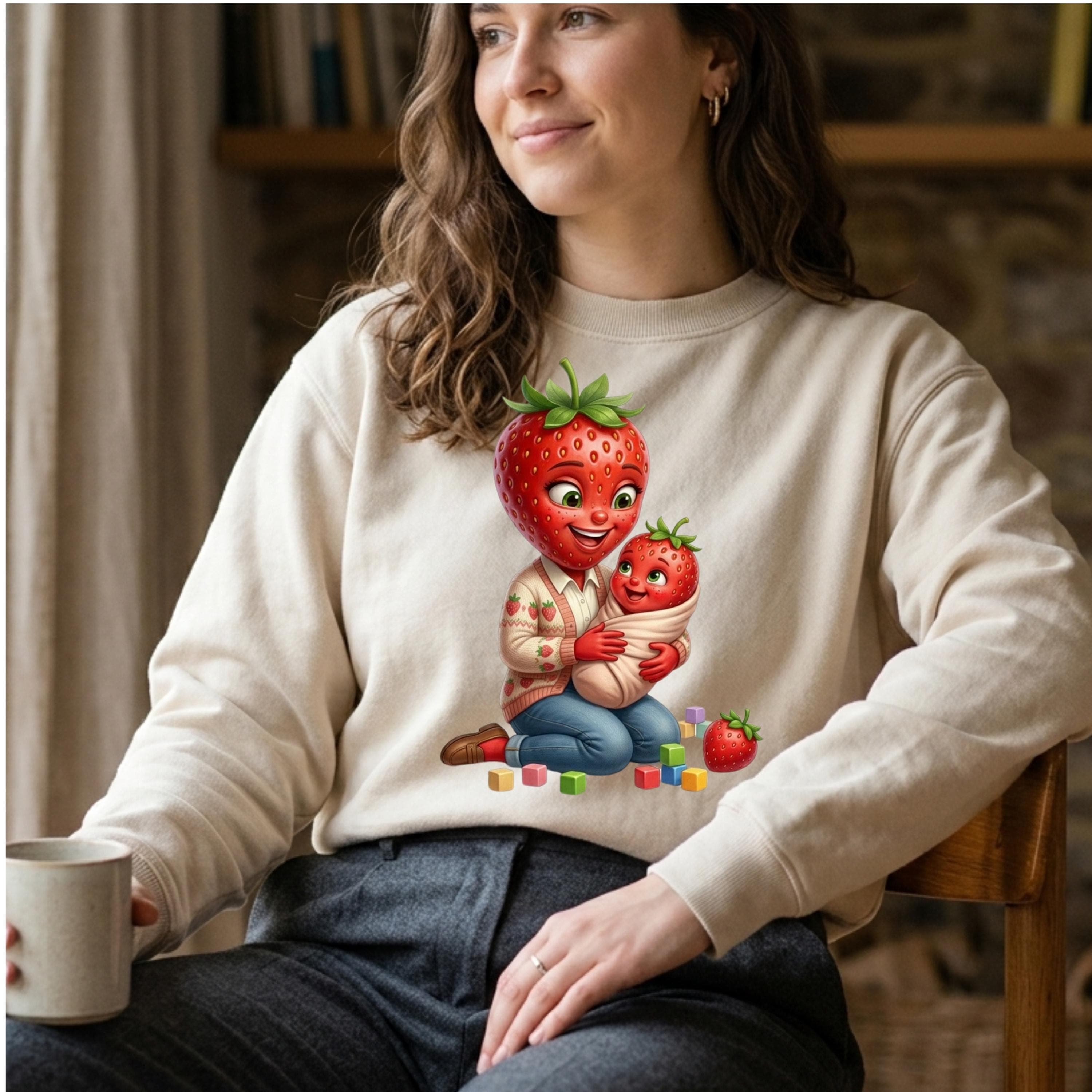 Strawberry Mom Baby PNG, Kawaii Fruit Sublimation Design, Mother Child T-shirt Print (Digital Download) - image 4