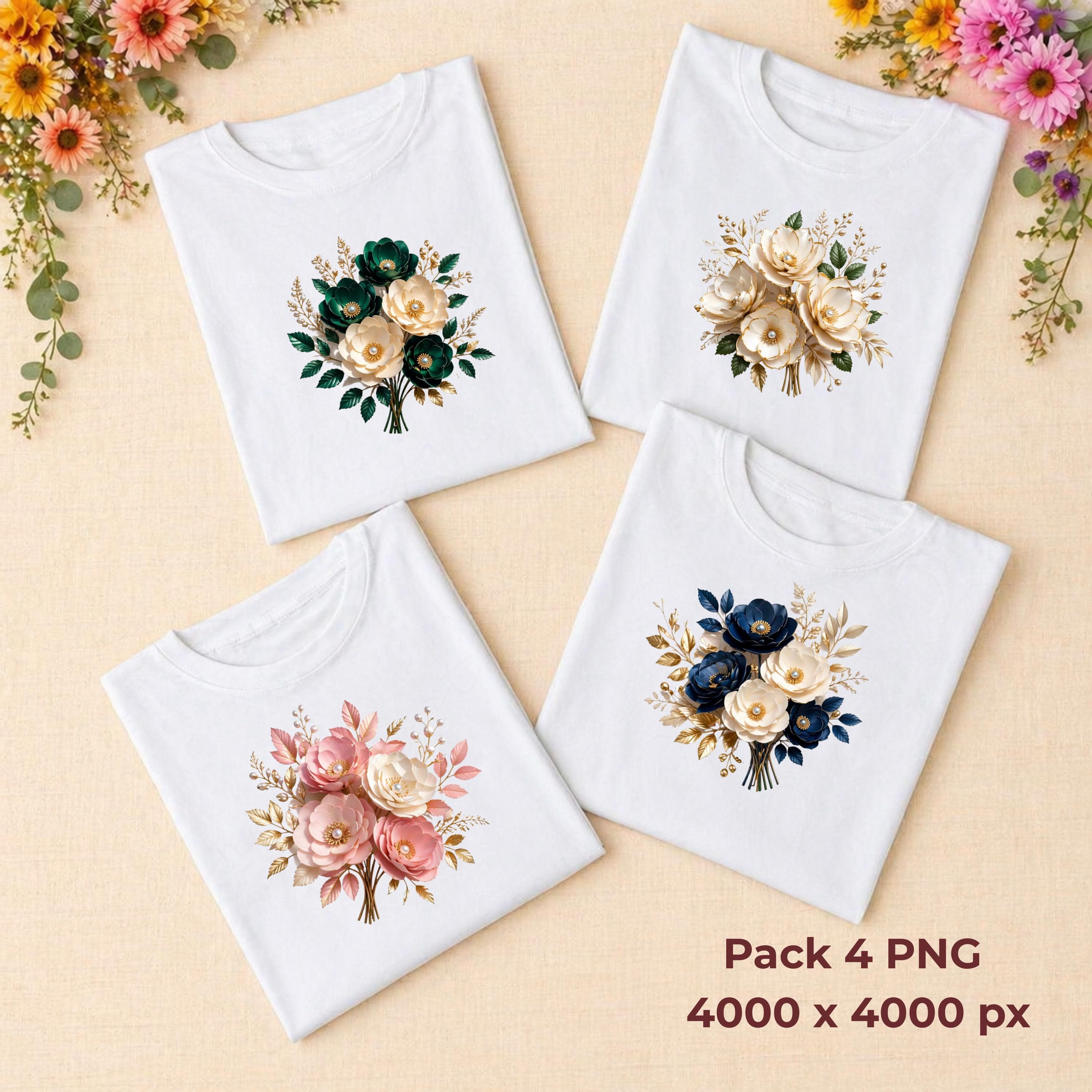 Design 3D Floral Bouquet strass t-shirt PNG Pack (4 Colors) - Elegant Wedding Flower Bundle