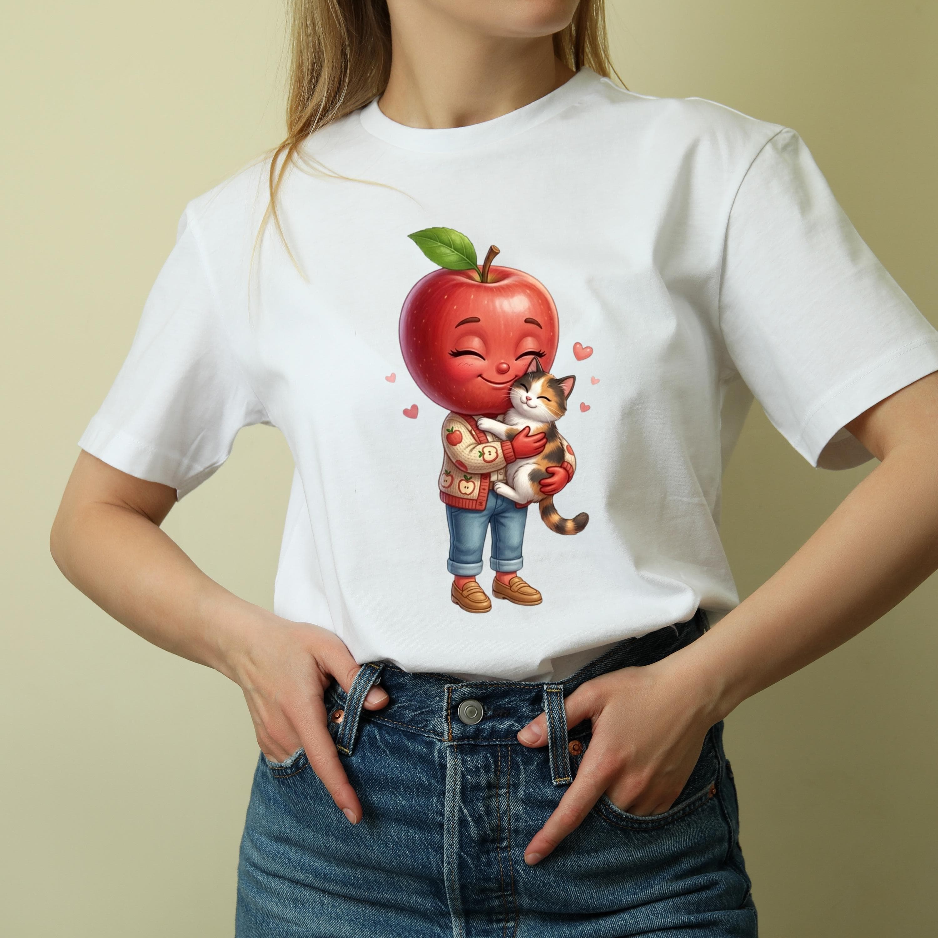Apple Hugging Cat PNG, 3D Kawaii Kitten Design, Sublimation T-shirt Print (Digital Download) - image 3