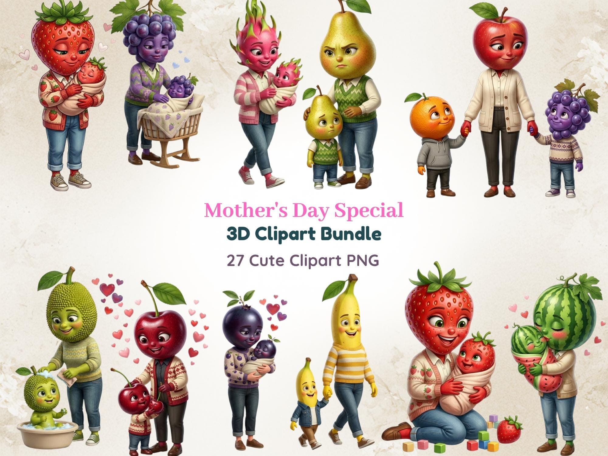 3D Mother's Day Clipart Bundle –Fruit  PNG