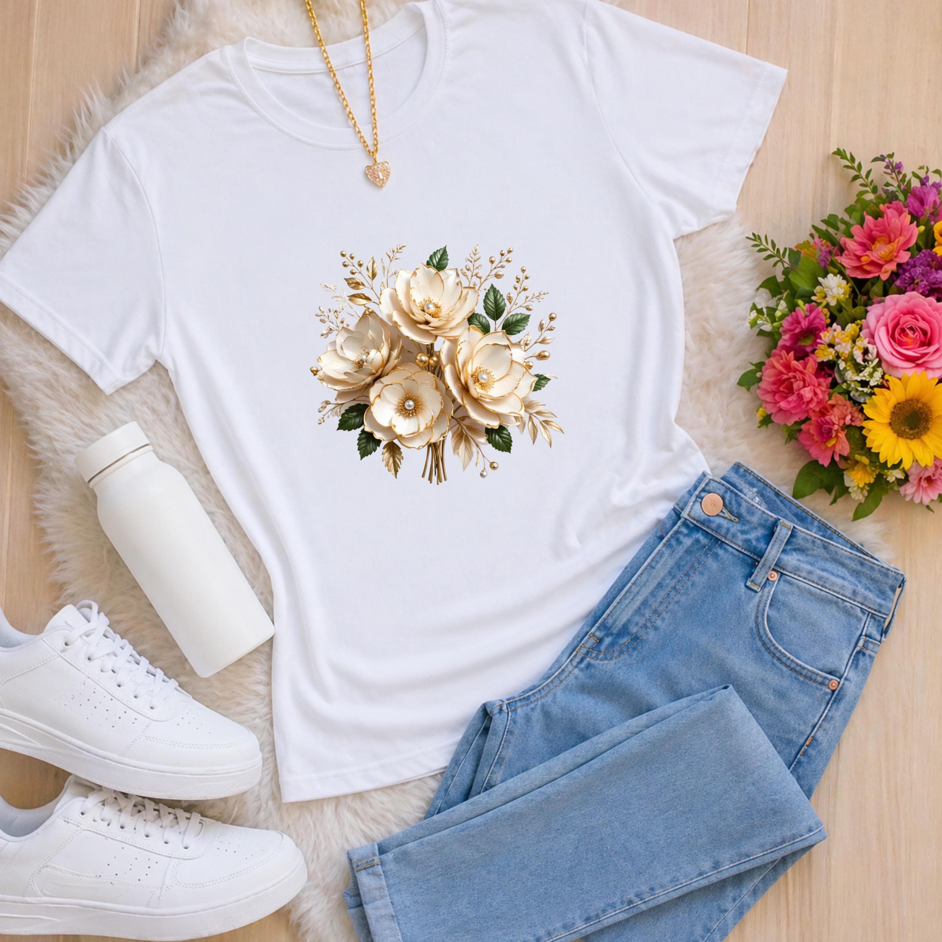 Design 3D Floral Bouquet strass t-shirt PNG Pack (4 Colors) - Elegant Wedding Flower Bundle - image 4