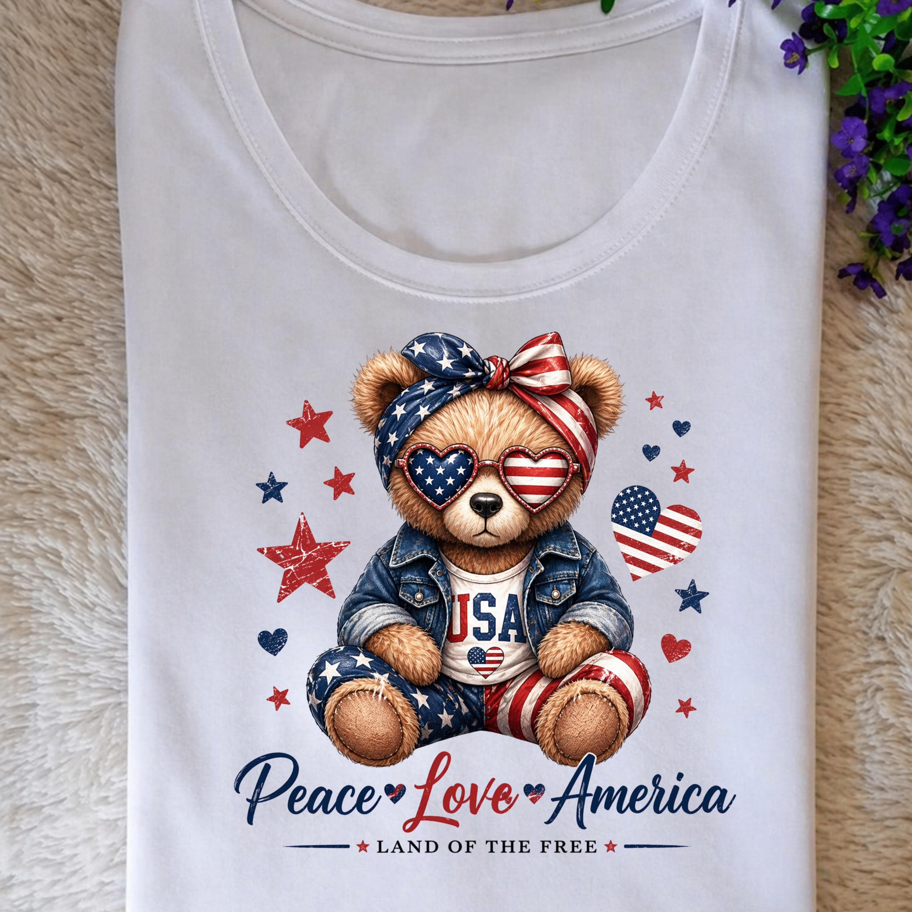 Patriotic Teddy Bear USA PNG, Peace Love America Shirt Design (Digital Download) - image 2