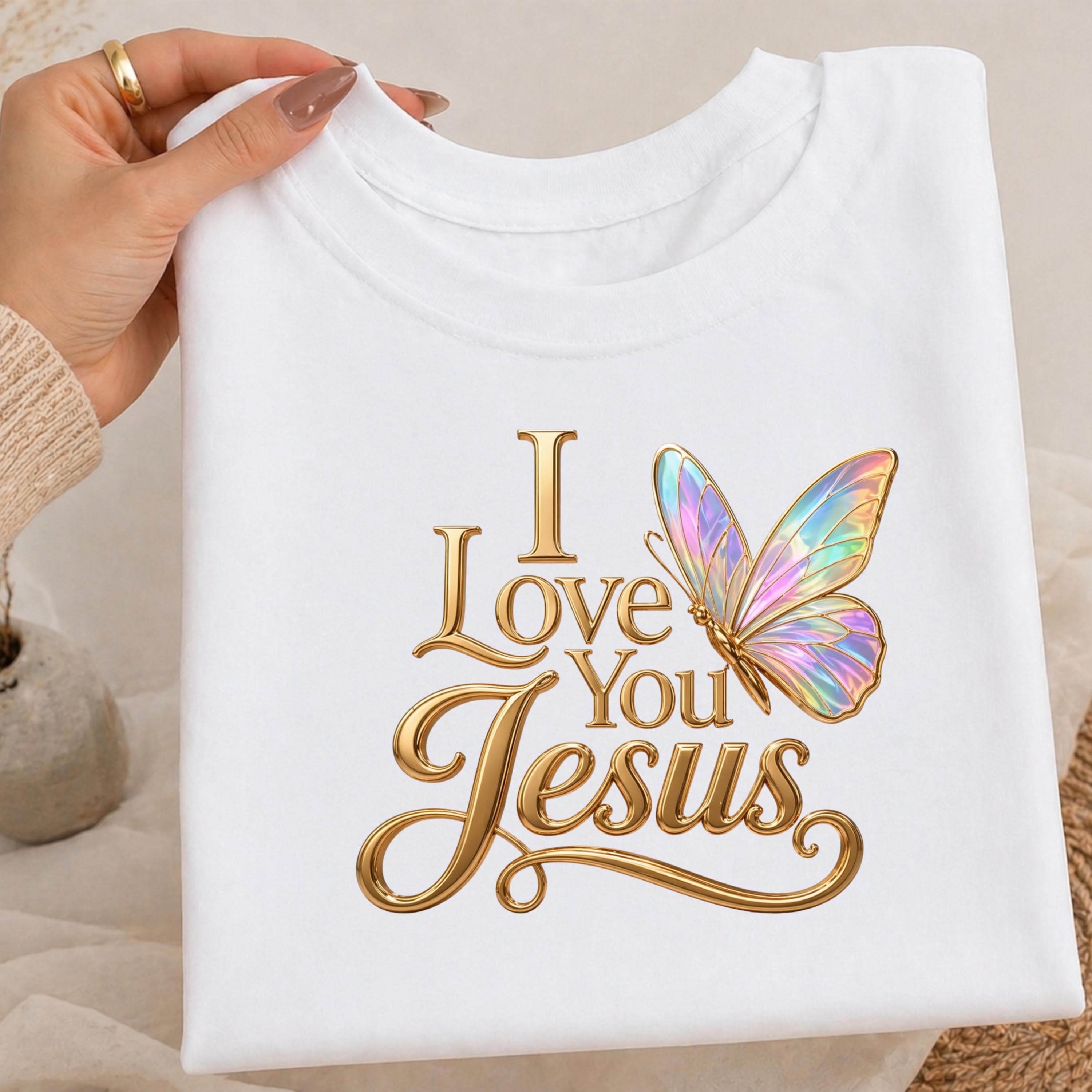 Design I Love You Jesus PNG – Gold 3D Lettering, Iridescent Butterfly (Digital Download) holographic - image 5