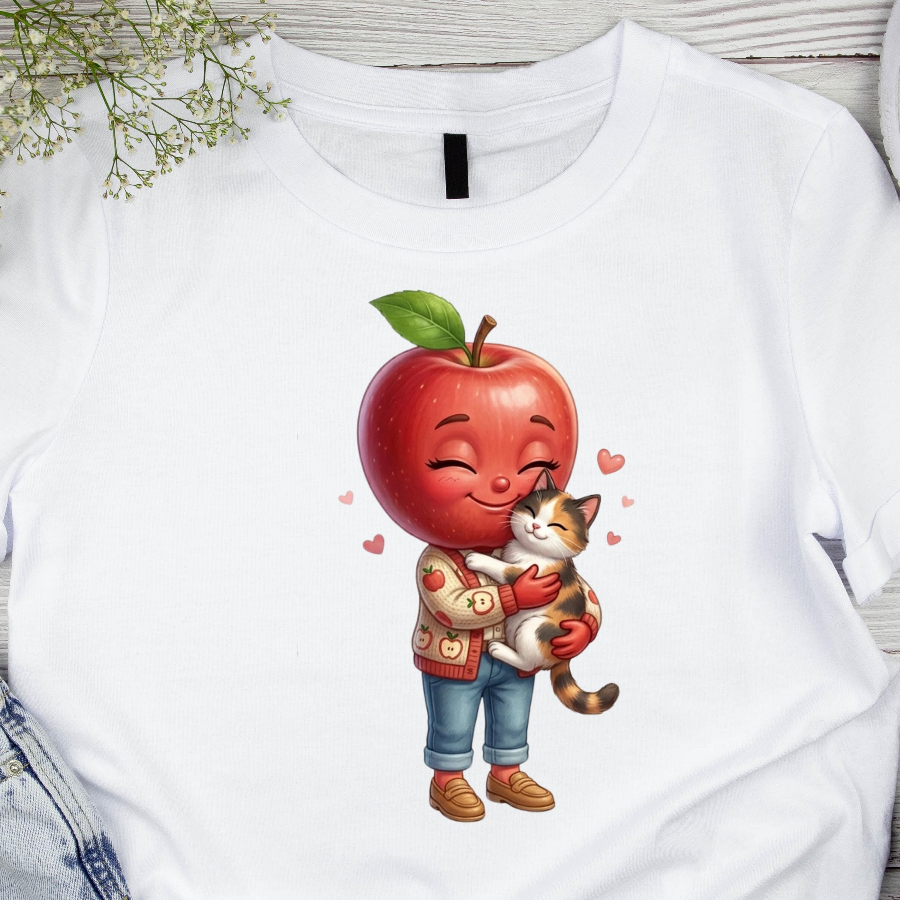 Apple Hugging Cat PNG, 3D Kawaii Kitten Design, Sublimation T-shirt Print (Digital Download) - image 5