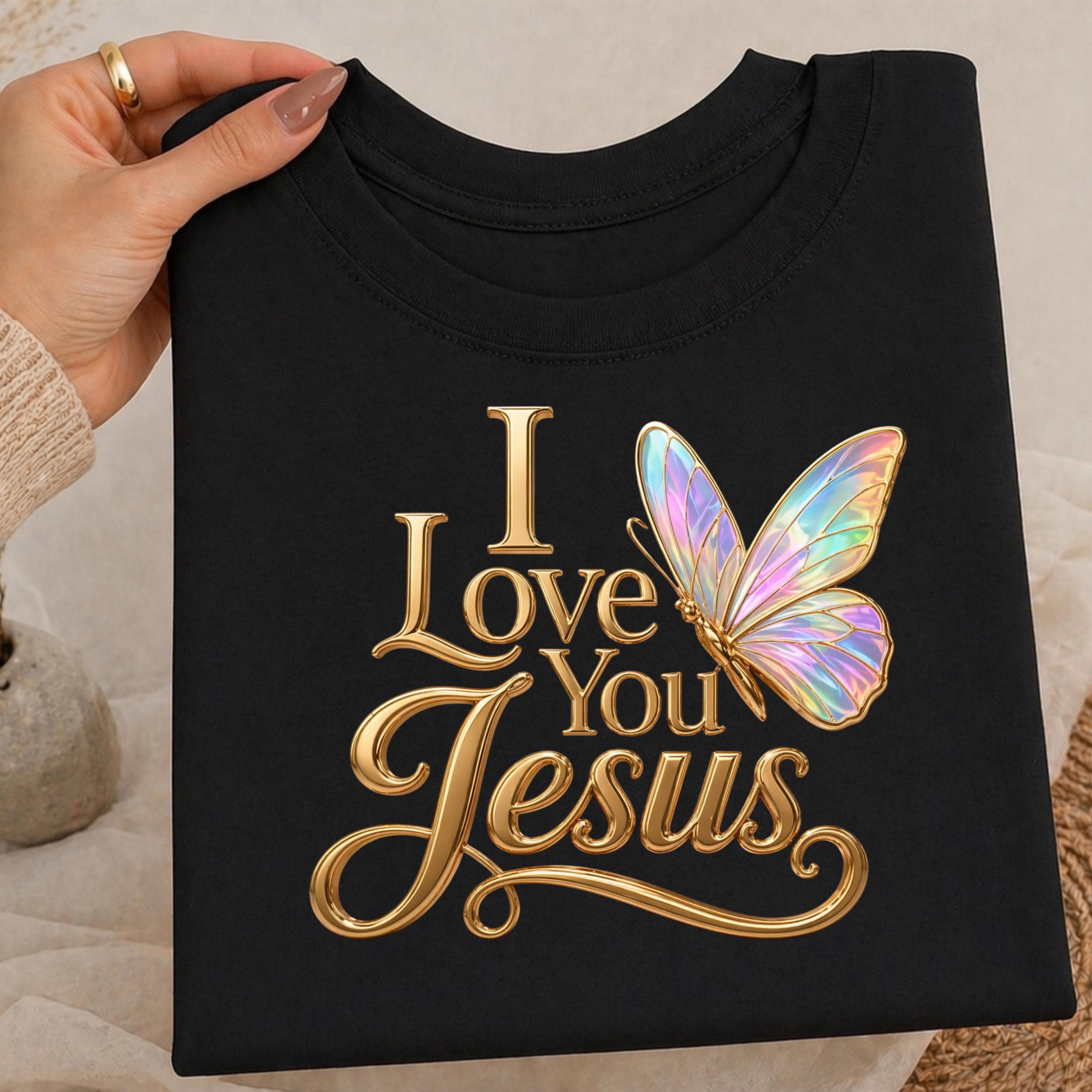 Design I Love You Jesus PNG – Gold 3D Lettering, Iridescent Butterfly (Digital Download) holographic