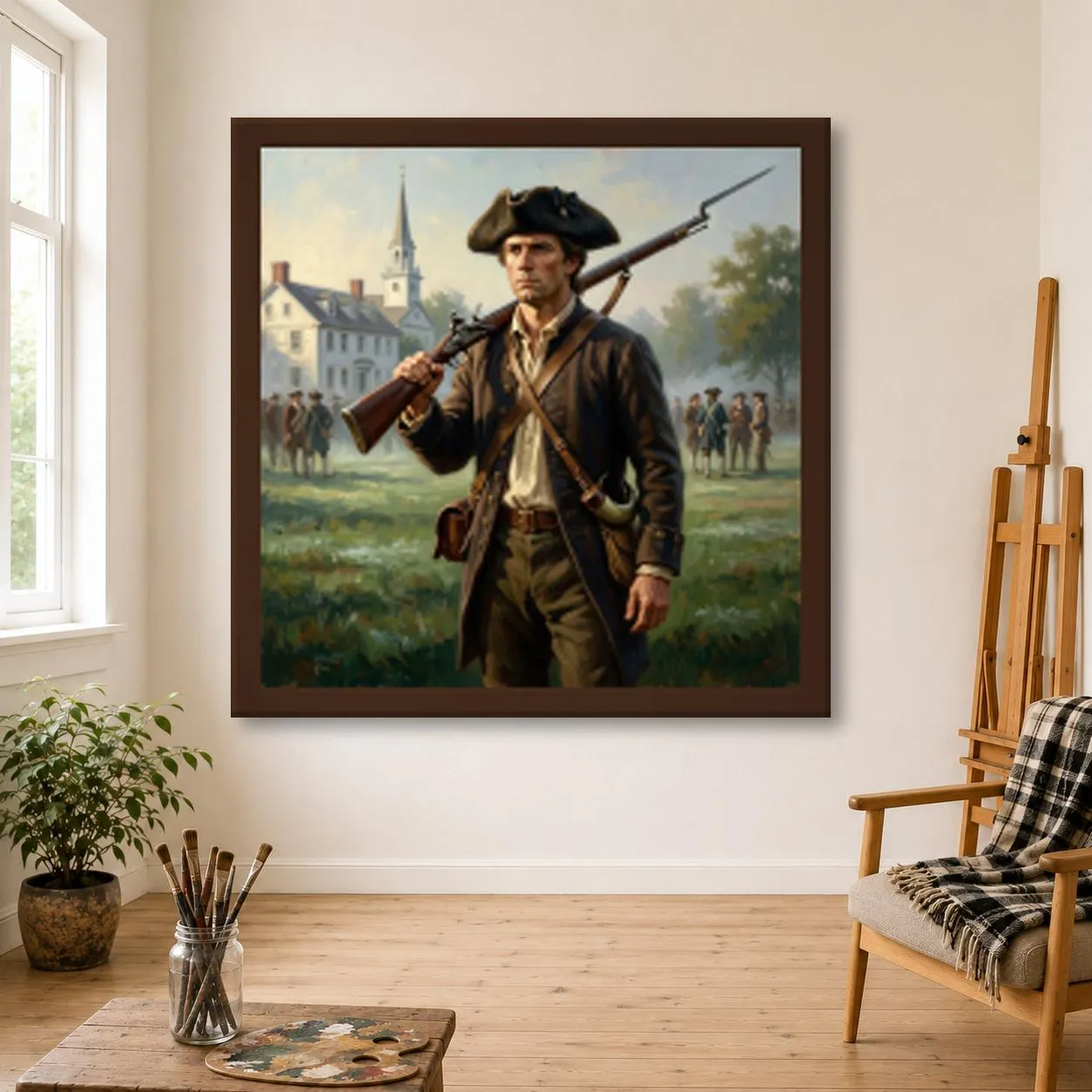 Minuteman Oil Painting, Hand Painted Colonial Militiaman With Musket at Lexington on Canvas, American Revolution Wall Art