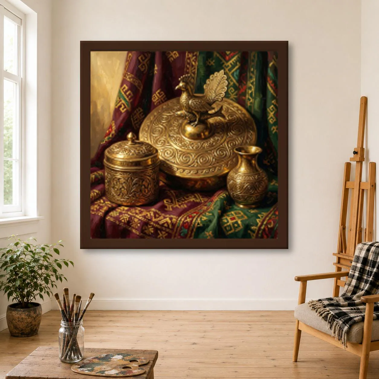 Maranao Brass Oil Painting, Hand Painted Okir Brassware and Woven Cloth Still Life on Canvas, Philippines Heritage Art