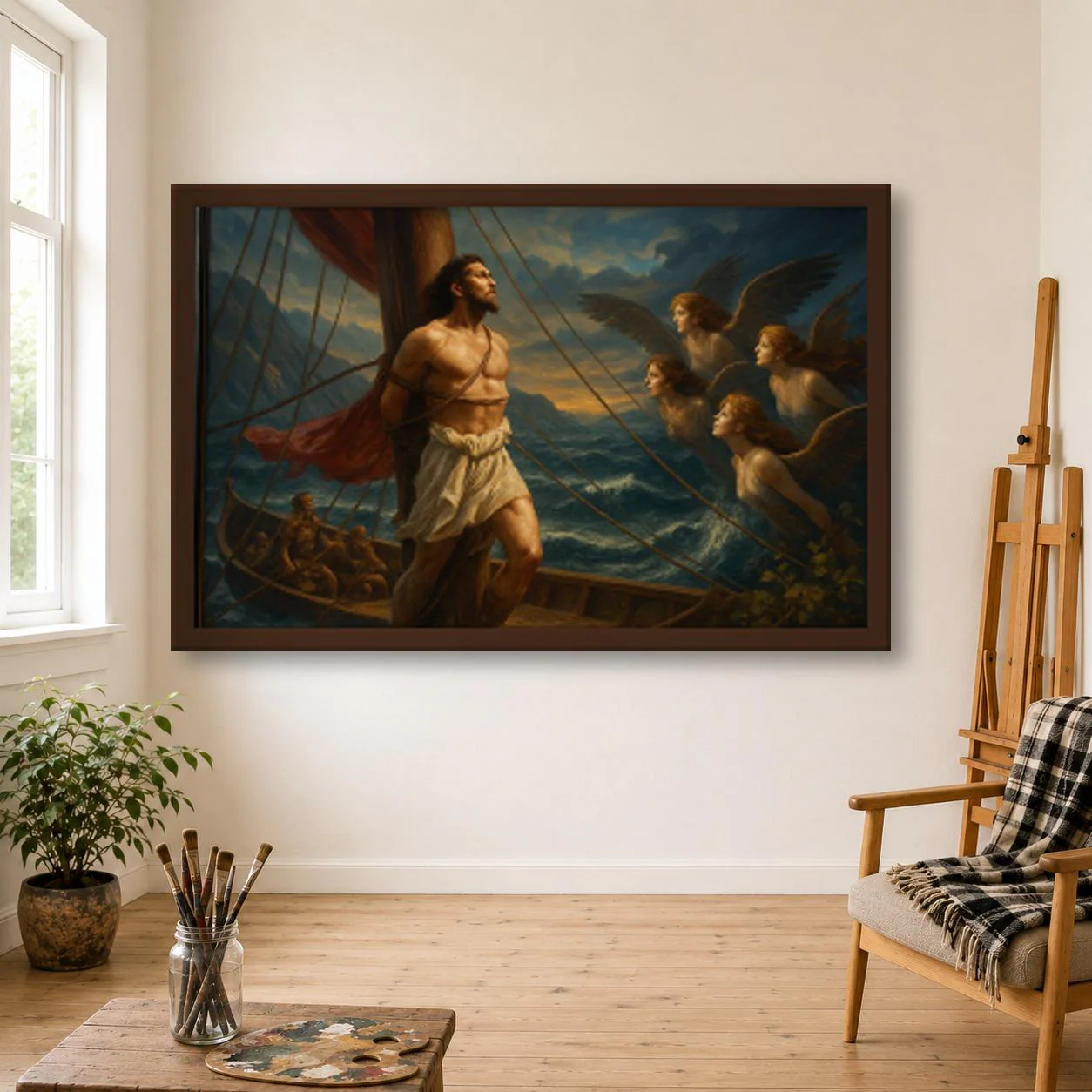 Odysseus and the Sirens Oil Painting, Hand Painted Hero Tied to the Mast at Dusk on Canvas, Greek Mythology Wall Art