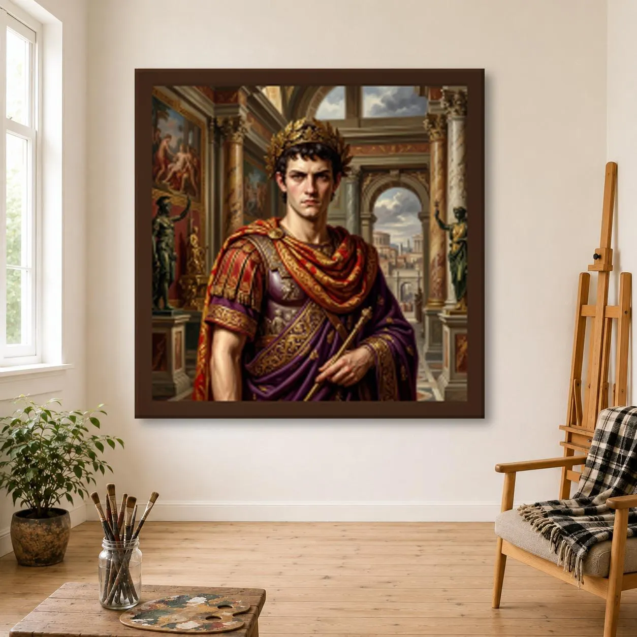 Caligula Oil Painting, Hand Painted Young Roman Emperor in a Laurel Crown and Purple Cloak on Canvas, Ancient Rome Art