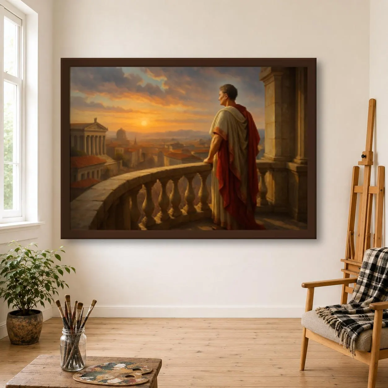 Julius Caesar Oil Painting, Hand Painted Roman General on a Balcony Above Rome at Sunset on Canvas, Ancient Rome Wall Art